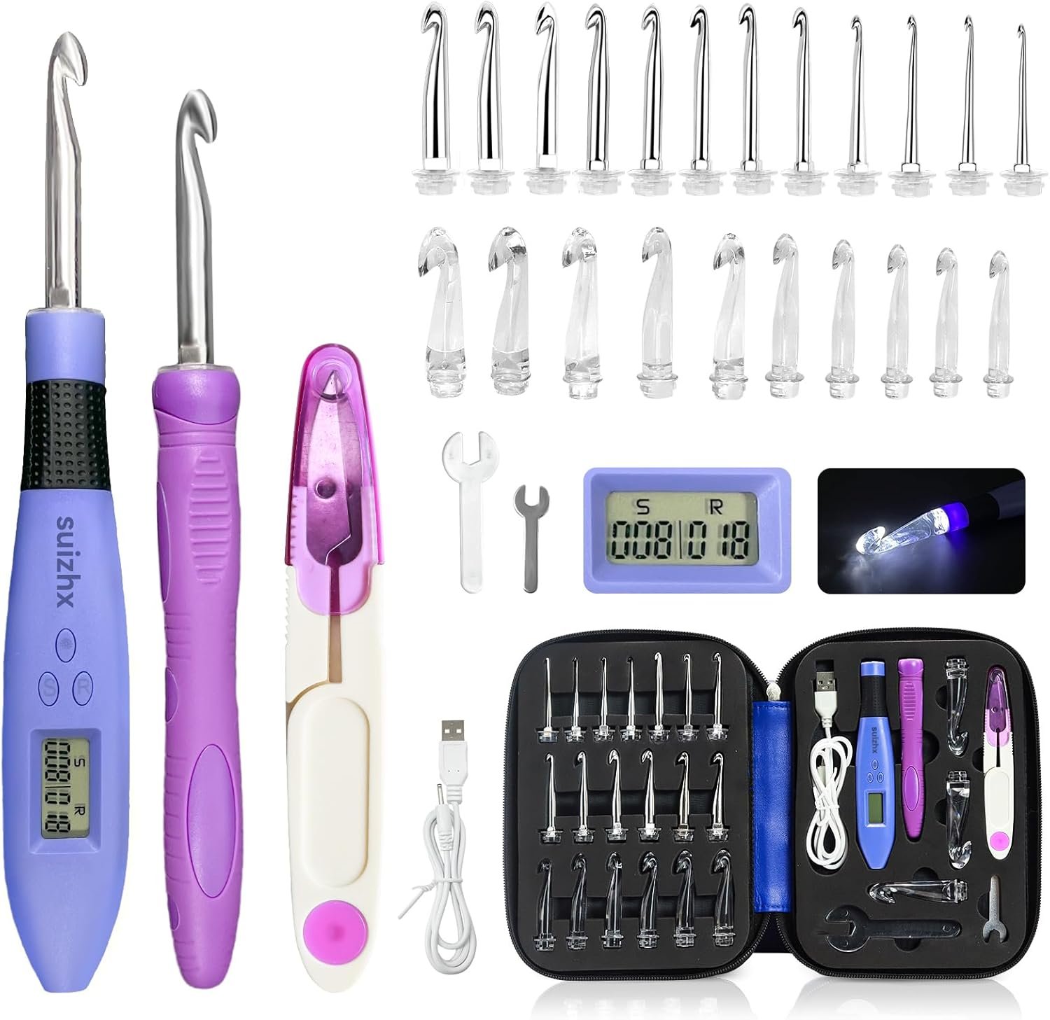 Counting Crochet Hook Set Digital, Crochet Kit with 22 Different Size Interchangeable Crochet Needle, Light Up Crochet Hooks for Stitch & Row Counter, Ergonomic Crochet Hooks with 2 Levels Led