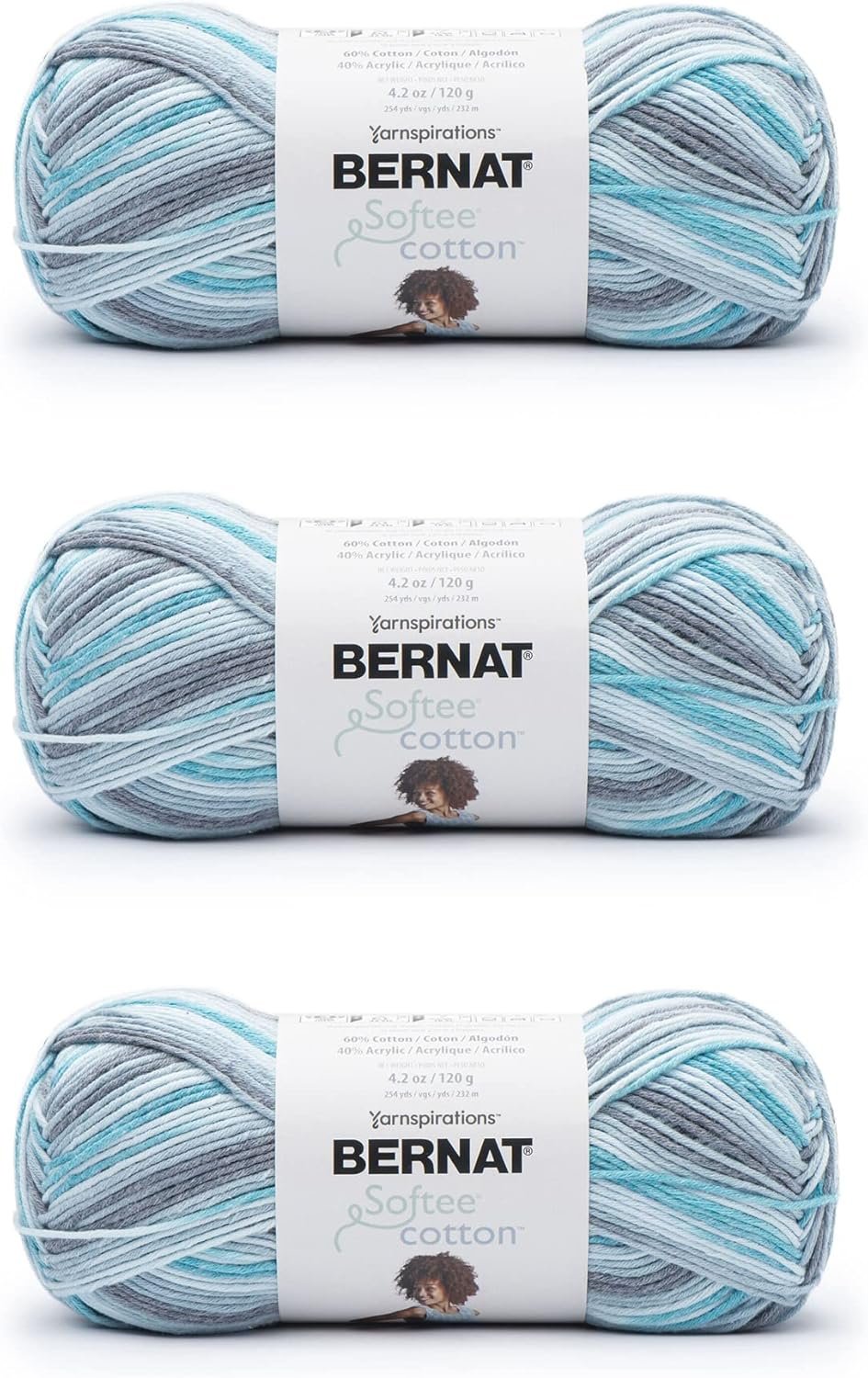 Bernat Softee Cotton Blue Waves Yarn – 3 Pack of 120g/4.25oz – Nylon – 3 DK (Light) – 254 Yards – Knitting, Crocheting & Crafts