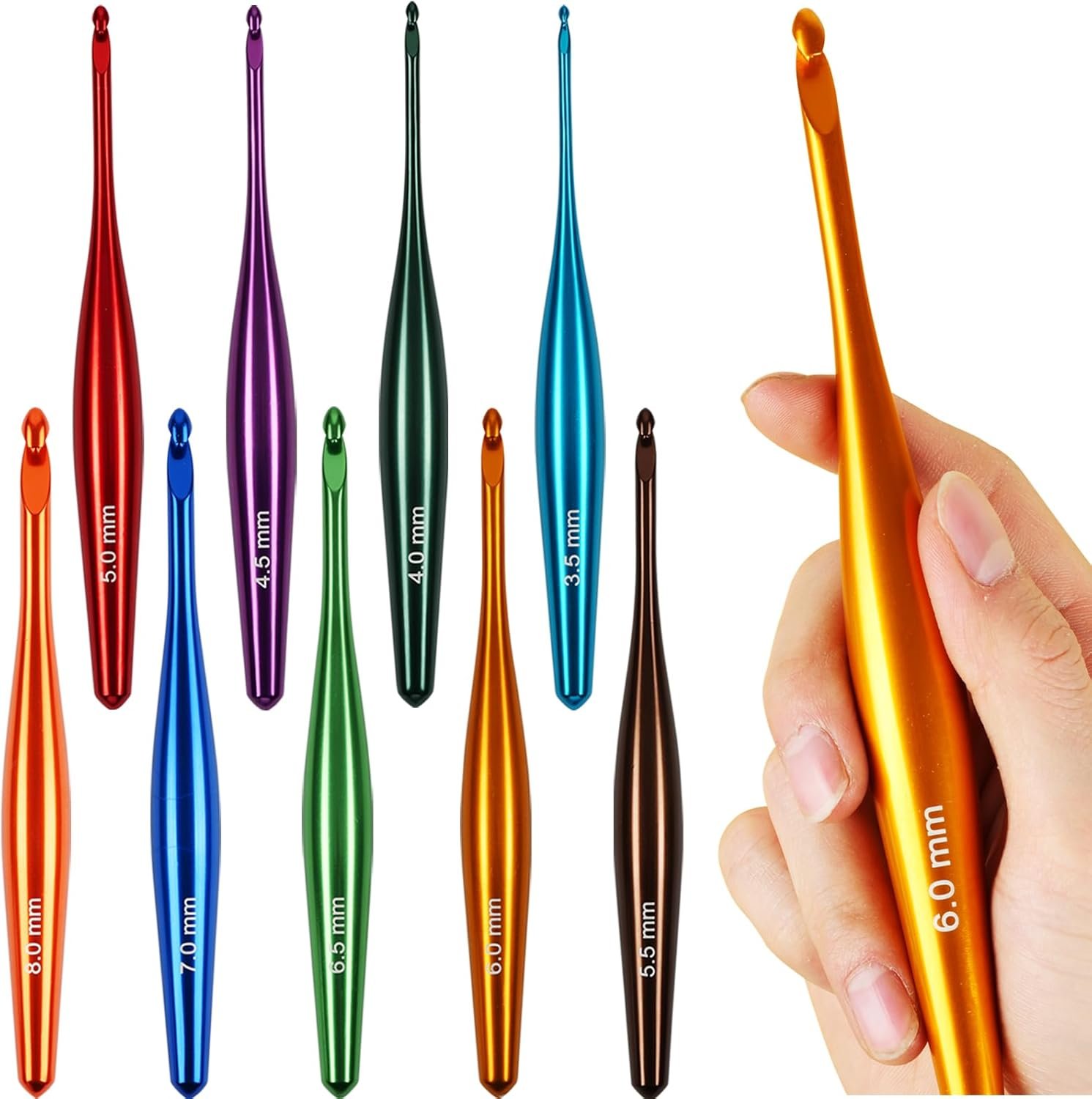 Svartur Crochet Hooks Ergonomic, 9Pcs Hand-Polished Aluminum Crochet Needles (3.5mm-8mm), Streamline Crochet Hooks for Arthritic Hands, Multicolored Metal Knitting Needles with Storage Case