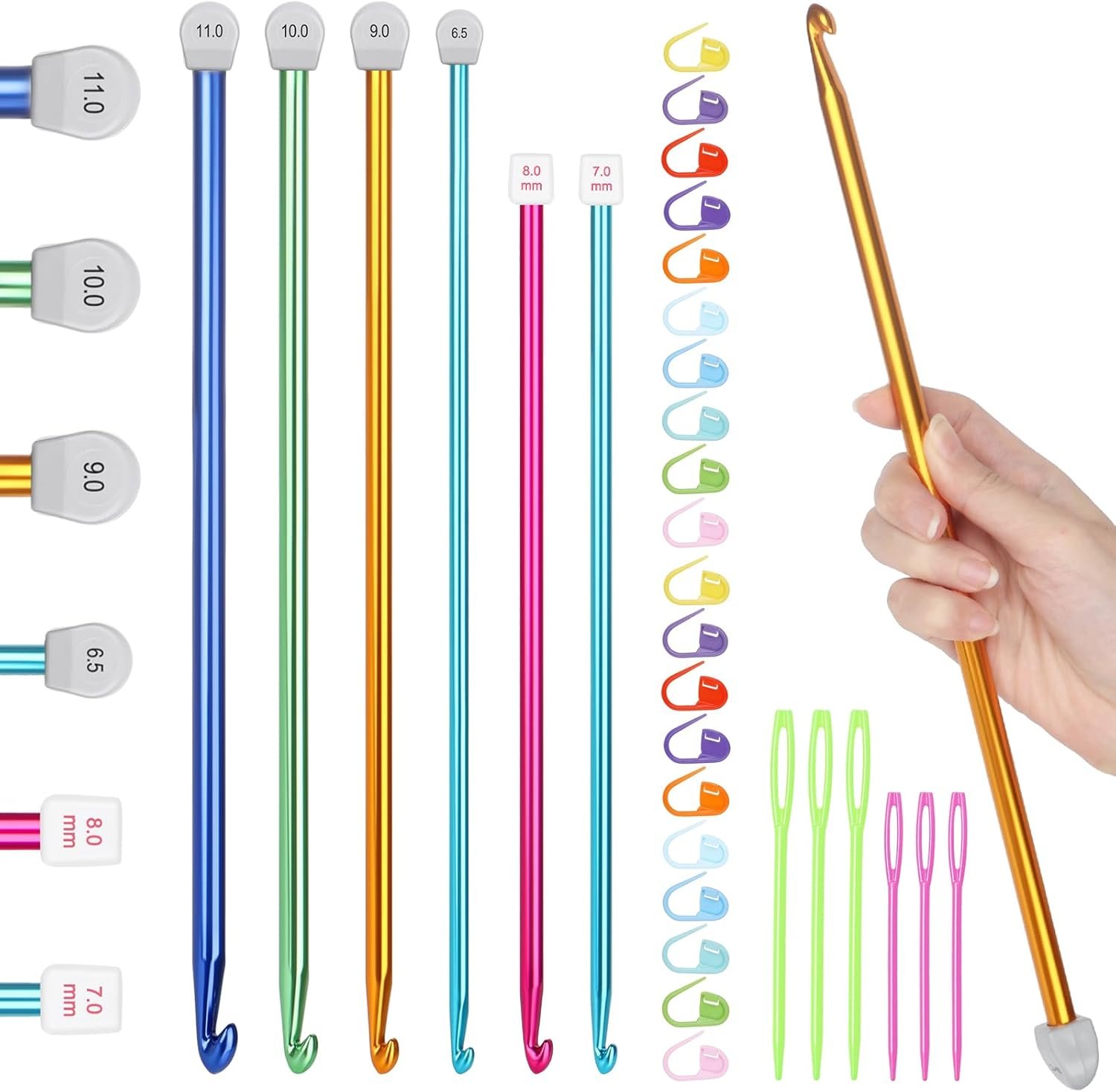 Katech 8PCS Tunisian Crochet Hooks Set, 13.78 Inch Large Crochet Hooks 6.5mm-11mm Aluminum Crochet Needles, Extra Long Crochet Needles for Beginner Learn to Crochet Blanket Shawls Gift