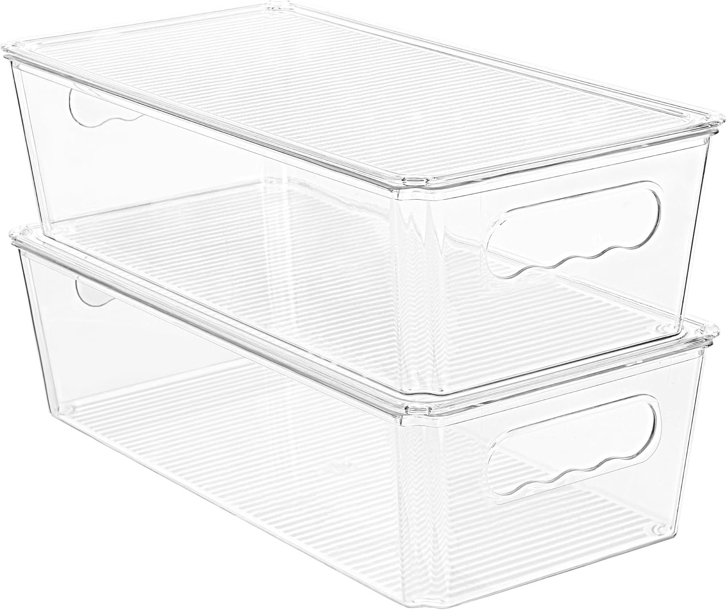 Vtopmart 2pcs Clear Organizers and Storage Bins with Lids, Stackable Plastic Storage Containers with Handles for Fridge, Freezer, Pantry, Cabinet, Kitchen Organization