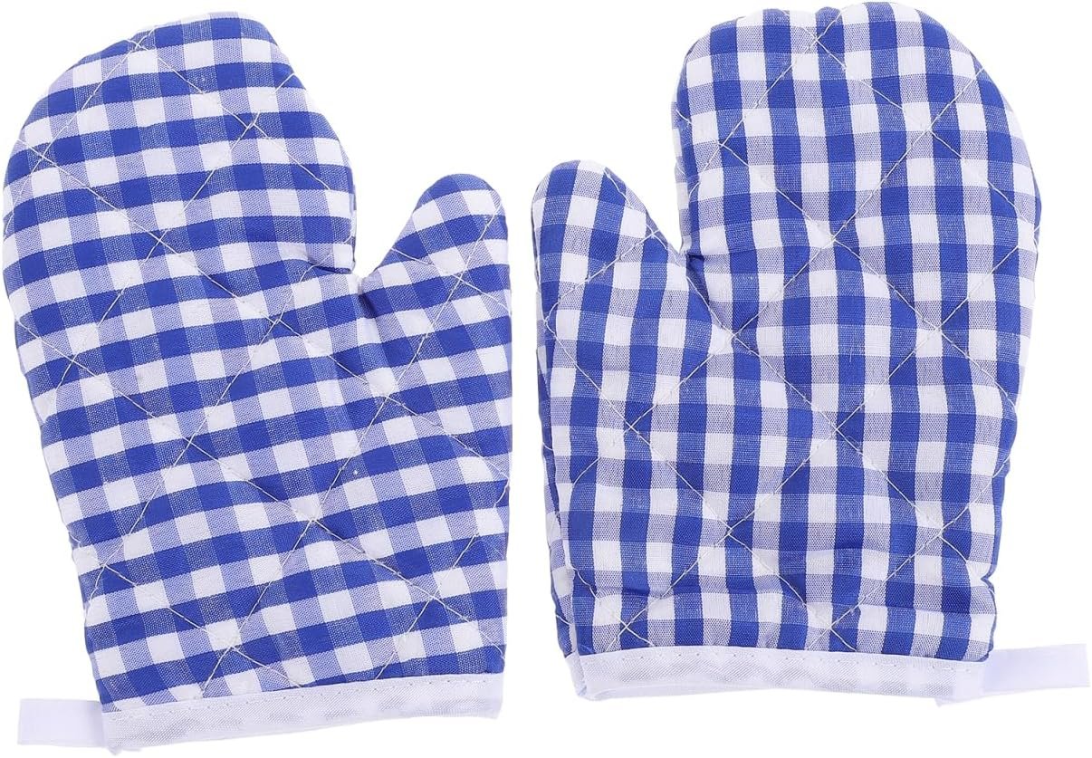 KICHOUSE 1 Pair Kids Oven Mitts Heat Resistant Cotton Oven Gloves for Cooking Baking Kitchen Gloves for Microwave Child Play BBQ Grilling Blue Checkered