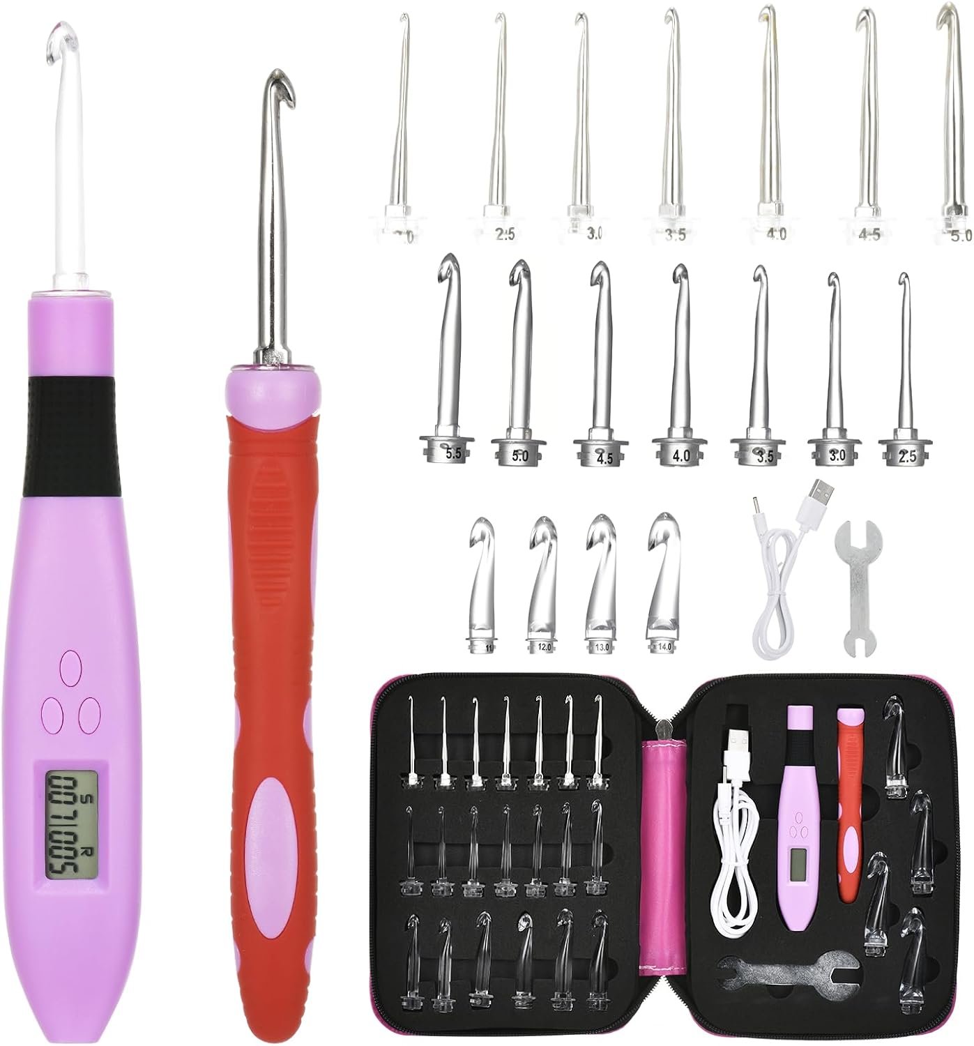 Mulcort 24 Size Counting Crochet Hooks with Light, Digital Counter Crochet Hooks Set with Case (2.0mm~14.0mm)