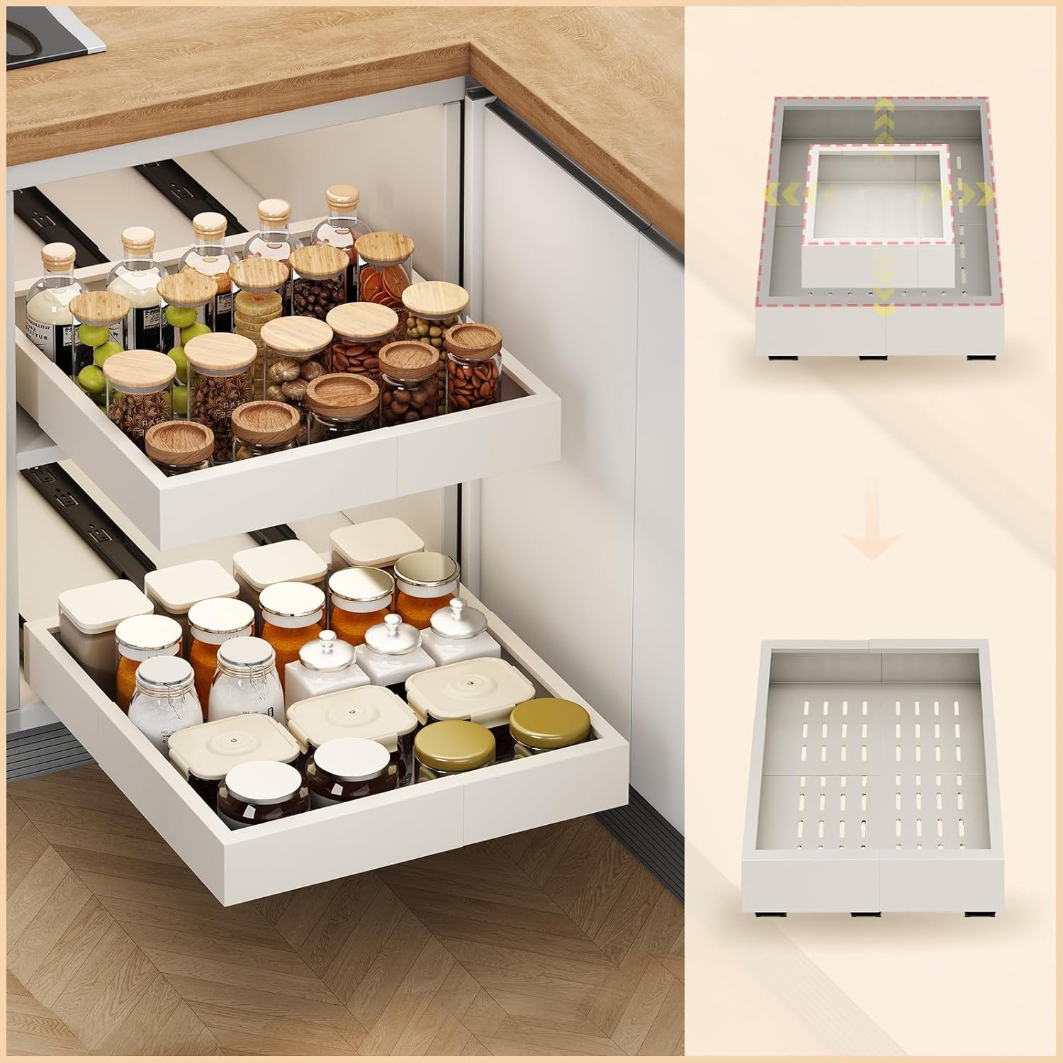 2Pc Pull out Cabinet Organizer,Width (11″-16″) and Depth(13″-17″),Expandable With 3 Rails, Cabinet Roll out Drawers,Adjustable Slide out shelves for Kitchen and Pantry,for Cabinets Without Lip,White