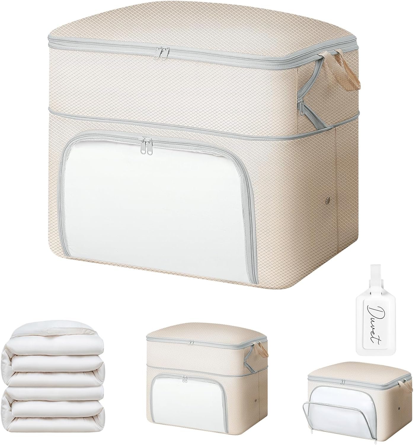 Comforter Storage Bag – Large Capacity Blanket Storage Bags Front-opening Ultra Space Saving Self Compression Organizer, Washable Compression Bags for Storage Comforter Blanket, 1 Pack, Beige