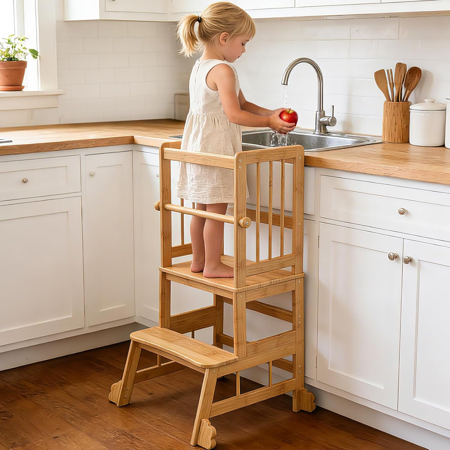 HBTower Kids Kitchen Step Stool with Safety Rails & Anti-Slip Feet,Toddler Standing Tower for Kitchen Counter Learning – Hold Up to 450lbs,Anti-Slip Feet Toddlers Learning Tower,Natural Bamboo