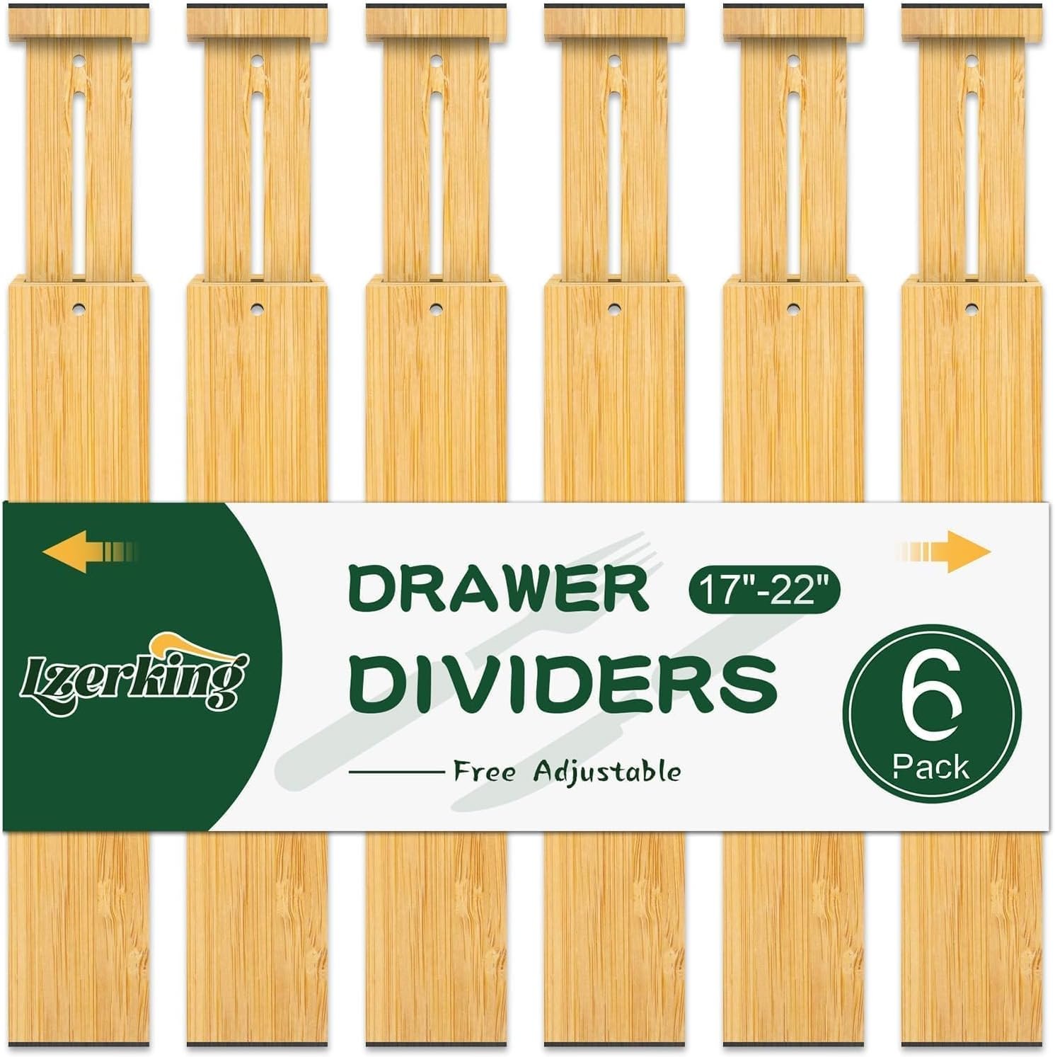 Lzerking Kitchen Drawer Dividers 6 Pack, 17-22″ Adjustable Bamboo Drawer Organizers Large, Spring Loaded, Expandable Utensil Organizer, Works in Kitchen, Dresser, Closet, Bathroom, Bedroom