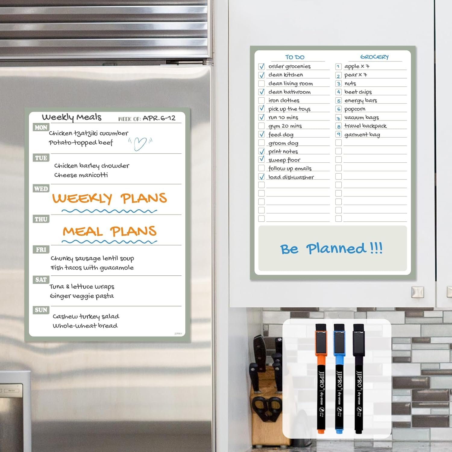 JJPRO Non-Magnetic Dry Erase Weekly Calendar for Fridge,Reusable Weekly Meal Planner and to Do List Whiteboard Bundle-Starts Monday,8.5″x12″ Reusable Calendars Stick to Wall, All Smooth Surfaces
