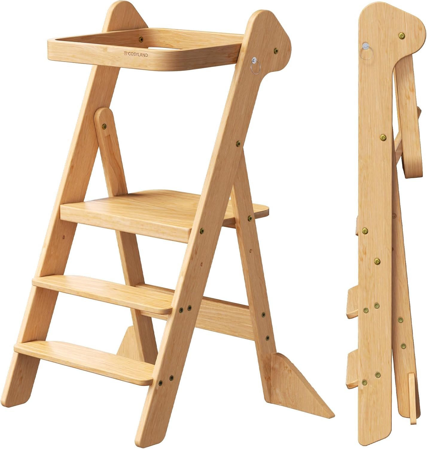 COSYLAND Foldi Foldable Toddler Kitchen Stool – Adjustable Height Toddler Standing Tower with Net & Safety Feet, IF Award-Winning Wooden Learning Step Tower for Kids Ages 18M-6Y, Natural