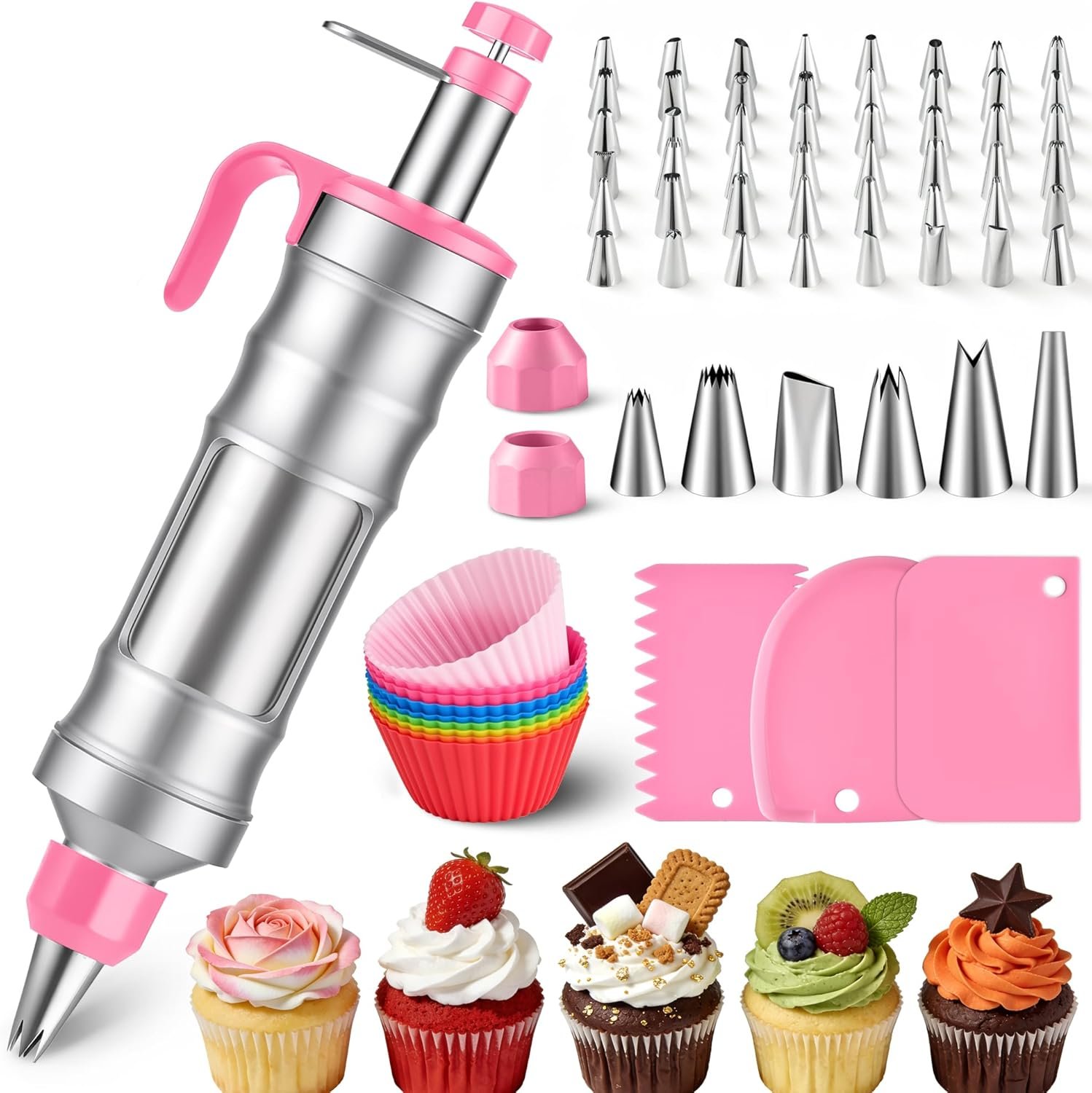 Dessert Decorating Syringe Set – Cupcake Icing Piping Kit, Cupcake Frosting Filling Injector with 54 Piping Icing Nozzles, 9 Silicone Cupcakes, 3 Cream Scrapers -for Cake,Cupcakes,Cookie (69Pcs-Pink)