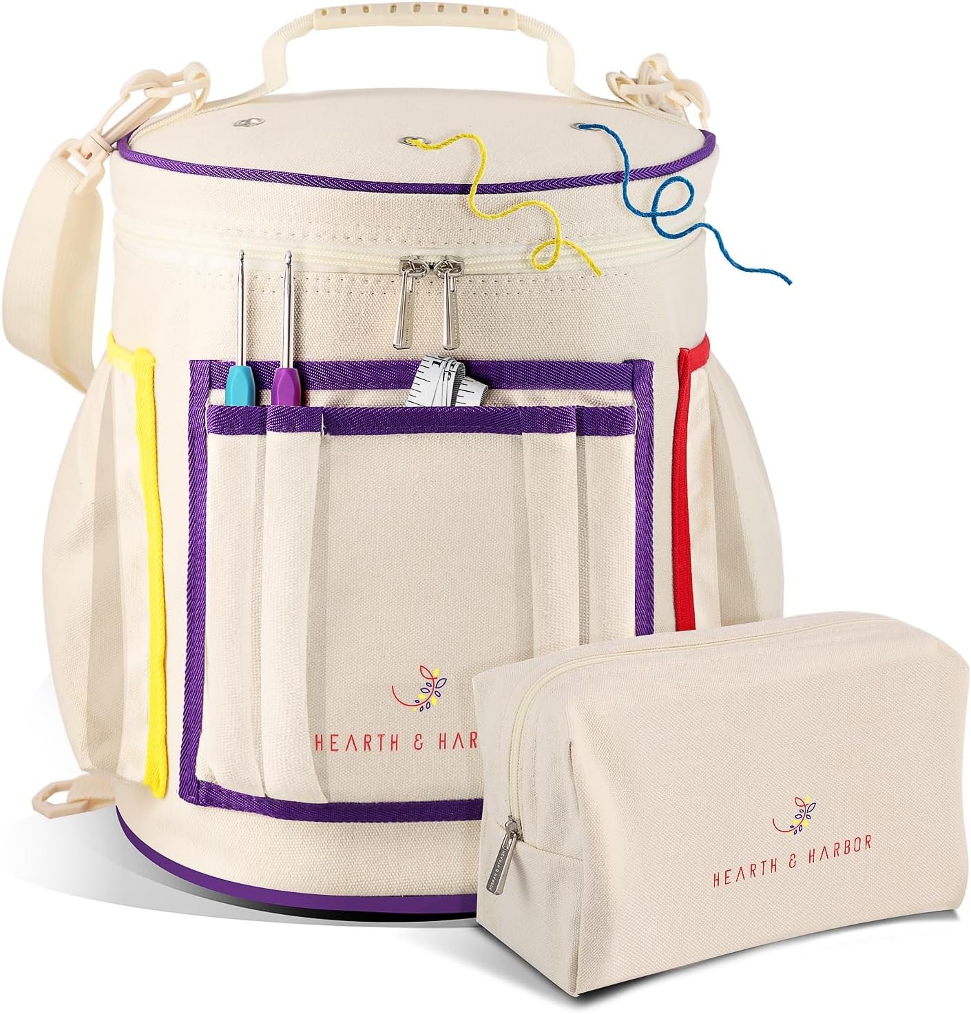 Hearth & Harbor Crochet Bag Organizer – Durable Knitting Bag, Yarn Organizer for Accessories and Supplies, Canvas Yarn Holder, Crochet Carrying Case with Accessories Pouch, Storage Organizer
