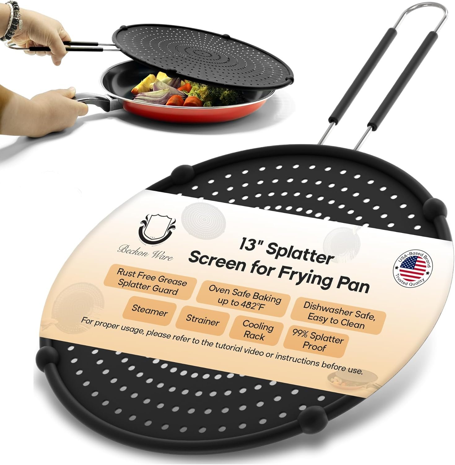 Splatter Screen for Frying Pan USA Brand | 13-Inch Black- Silicone Grease Splatter Guard for 12″-13″ Pans – Keeps Stove Clean – Oil Splash Guard – Frying Screen