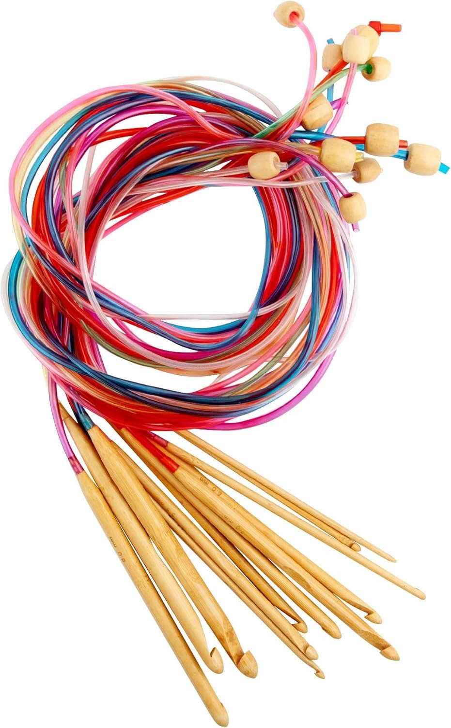 AUEAR, Set of 12 Size Bamboo Knitting Needles Tunisian Afghan Crochet Hook with Plastic Cable 3mm to 10mm Carpet Rug Weave Carbonized (Multicolor)