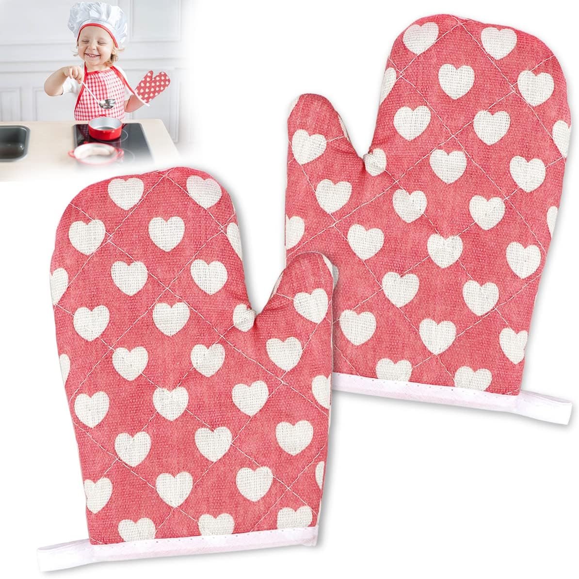 DOERDO 2 Pack Kid Oven Mitts for Children Heat Resistant Kitchen Mitts, Great for Cooking Baking, Age 4-12 (7″x4.7″, Sweet Heart)
