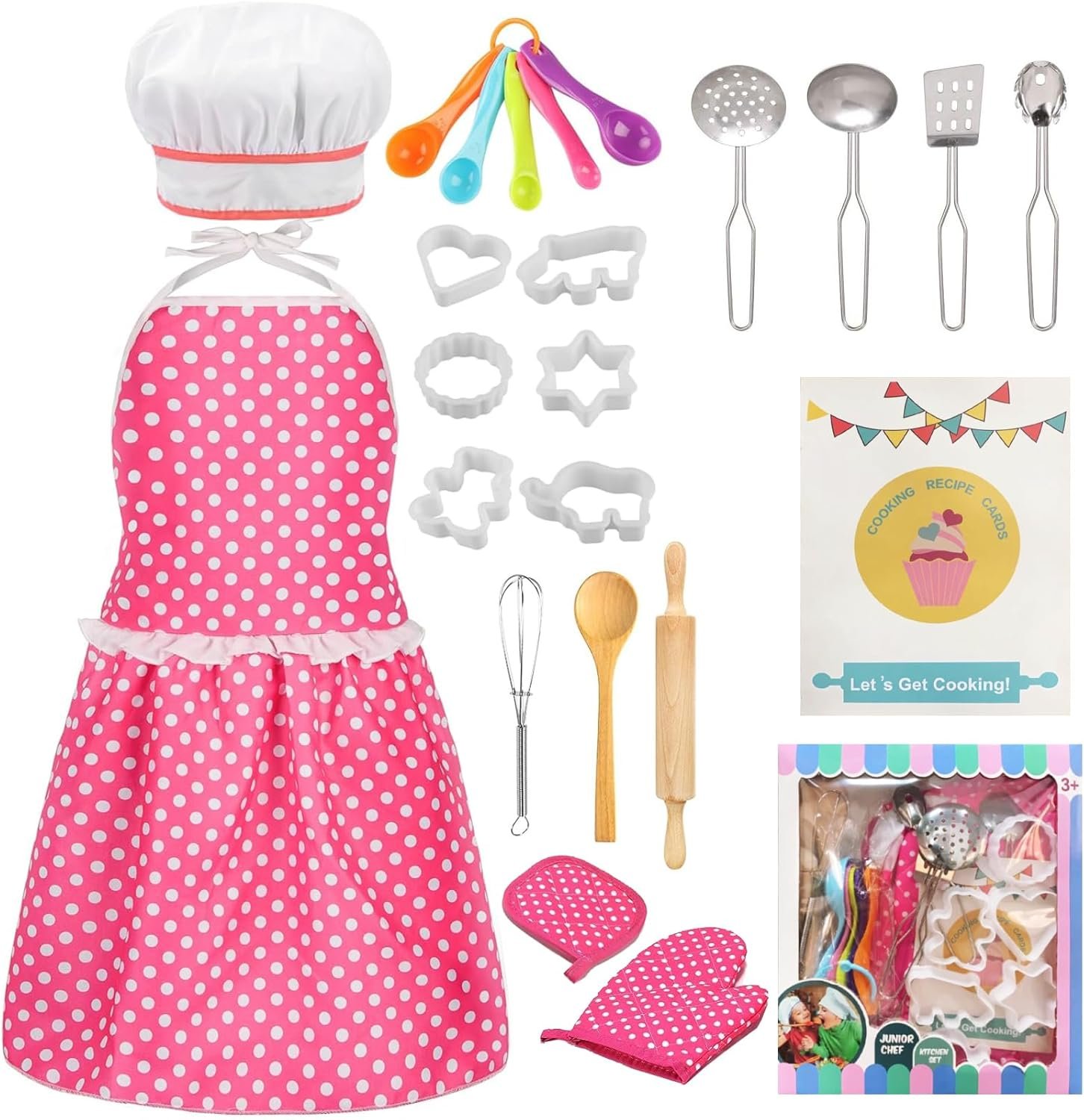 Kids Cooking Baking Set , Kids Kitchen Pretend Play Toys, Children Chef Role Play Costume Set – Chef Hat and Matching Pink Apron, Birthday Xmas Gifts for 3-8 Year Old Girls Toys