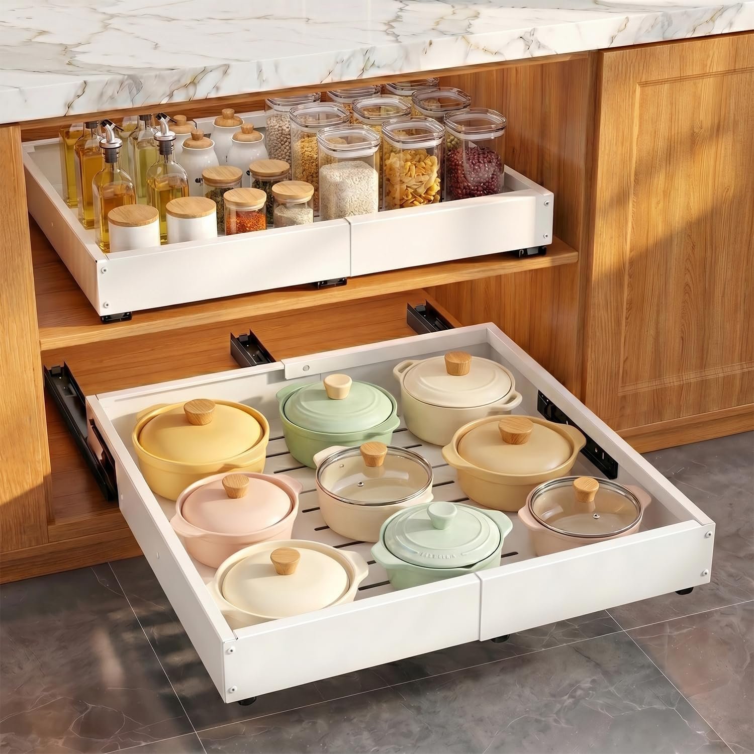 Pull Out Cabinet Organizer for Kitchen,Full Expandable Width 12″-19″ Depth 16″-22″ Cabinet Drawers Slide Out No Drill Adhesive,Cabinet Pull Out Shelves for Kitchen Pots Pans Spices 2Pack