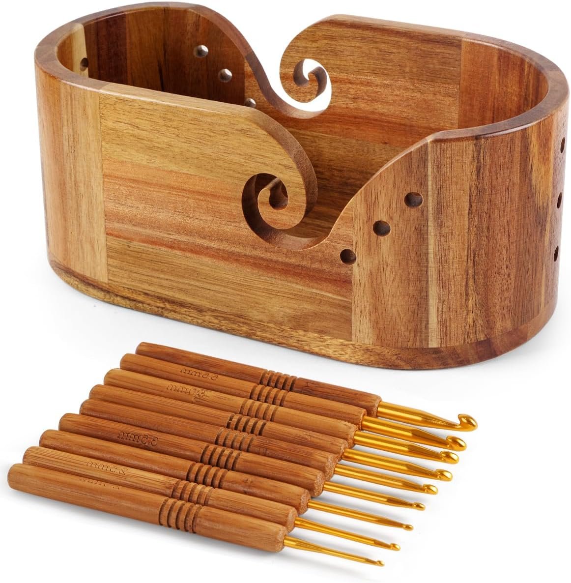 Oval Yarn Bowl, Crochet Yarn Holder with 9pcs Knitting Hooks, Yarn Storage Crochet Bowl Knitting Gift for Crocheters, Large Yarn Bowl Acacia Wooden 11.3×5.9×4.7inch (Acacia Yarn Bowl)