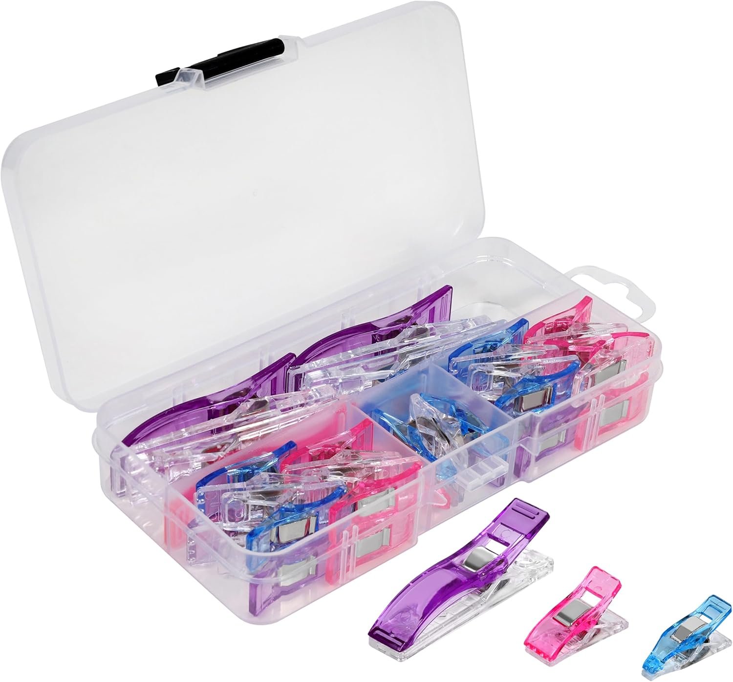 SINGER Sewing & Quilting Clips, 24ct – Large, Small & Mini Fabric Clips for Crafts – Assorted Color Quilt Clamps, Multi-Use Sewing Tool, Includes Storage Case
