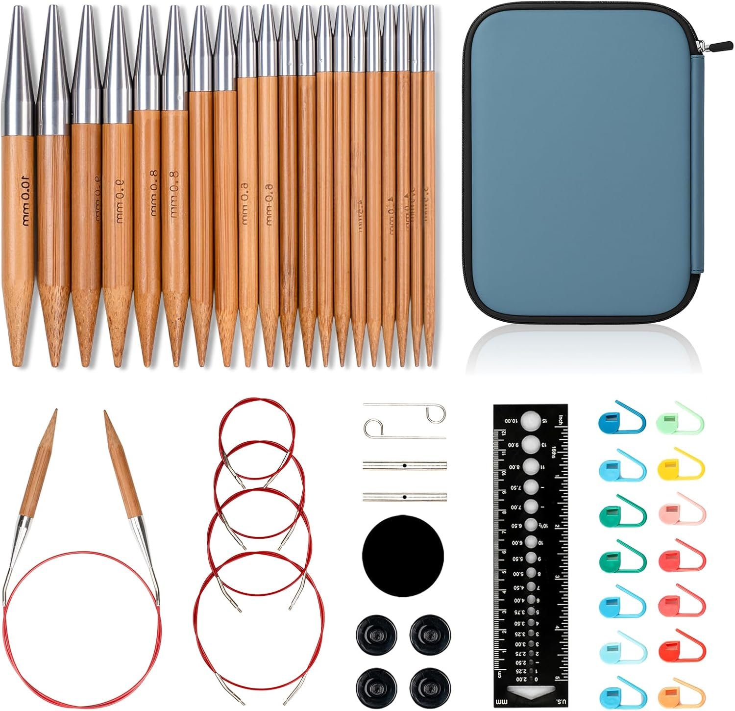 RUIDI Circular Knitting Needles Set, 11 Sizes Bamboo Interchangeable Circular Knitting Needles Set with Case & Accessories, 4″ (10cm) | (3.5mm to 10mm) (Bamboo)