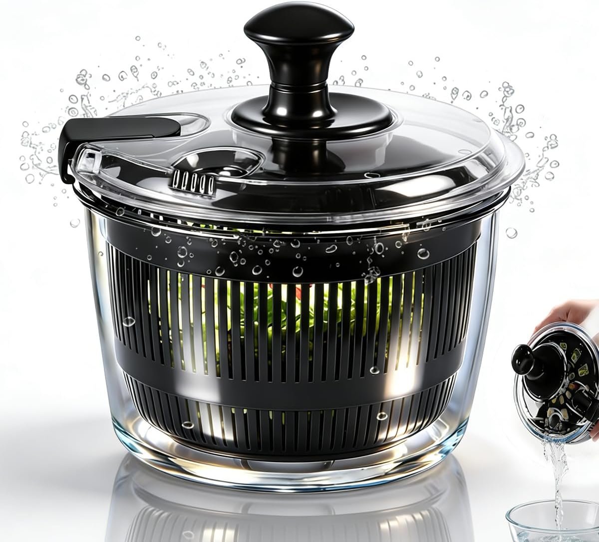 3.2 Qt Glass Salad Spinner, Small Vegetable Dryer with Transparent Lid, Crank Handle Quick Spin Greens Washer for Lettuce, Herbs, Fruits Cleaner, Tosser, Drain, Microwave Safe, Dishwasher Safe