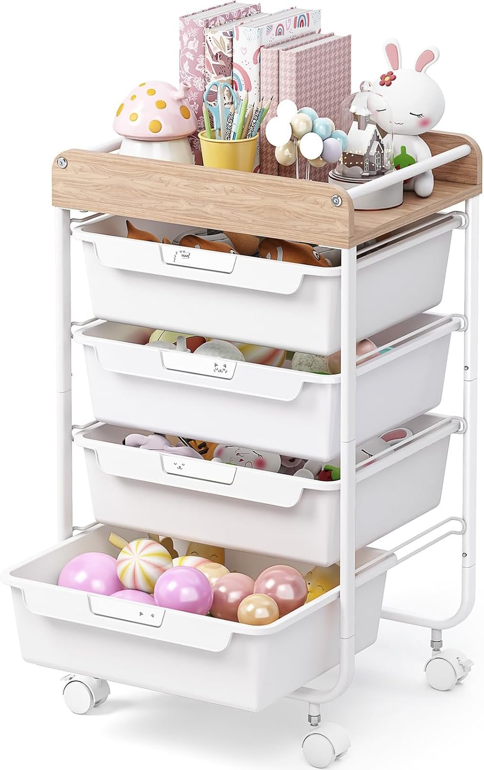 SYKIARIOL Rolling Storage Utility Cart with 4 Drawers,Kids Craft Art Cart,Makeup Organizer and Storage with Wooden Tabletop,White