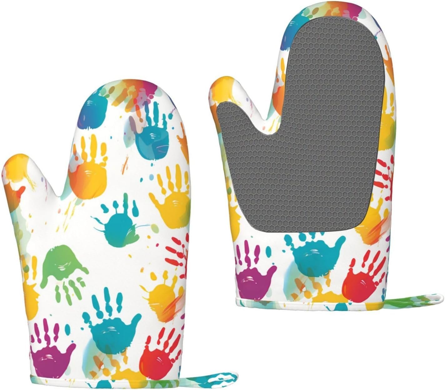 Oven Mitts Set 2 pcs Silicone Kitchen Oven Glove Kids Hand Print Oven Mitt Heat Resistant Oven Glove for Cooking Non-Slip Cooking Gloves Washable Potholders for Baking BBQ