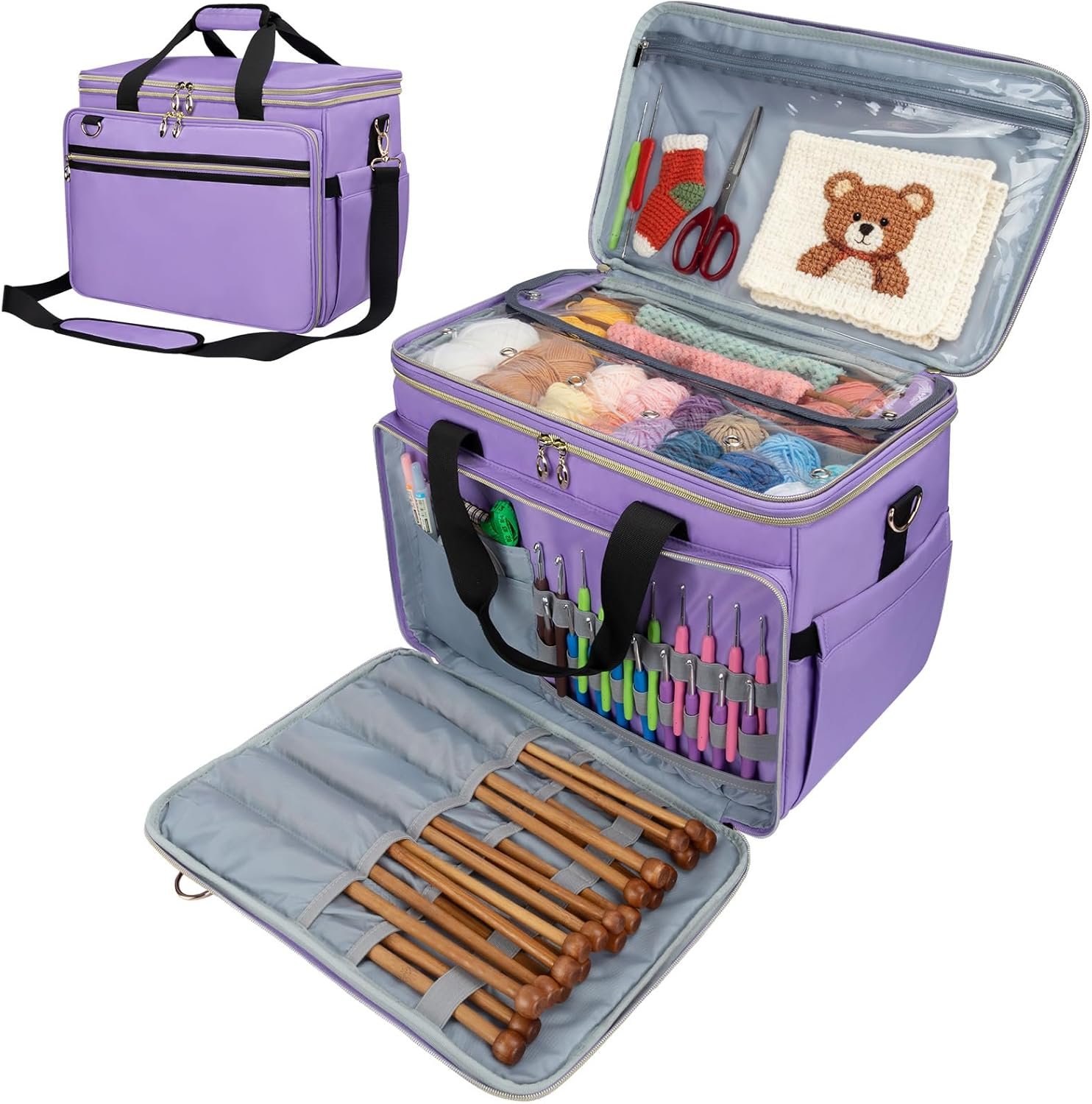 Anitor Large Crochet Bag Knitting Bag Yarn Storage Tote, Yarn Bag with Clear Top Lid, Unfinished Project Compartment, 6 Yarn Holes. Holds Knitting Needles, Crochet Hooks, Yarn, Purple, (Bag Only)
