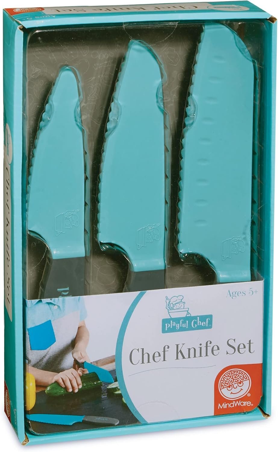 Playful Chef: Safety Knife Set for Kids – 3 Knives Plastic Blades with Serrated Edges – Safe for Little Hands, Ages 5 & up – Dishwasher Safe