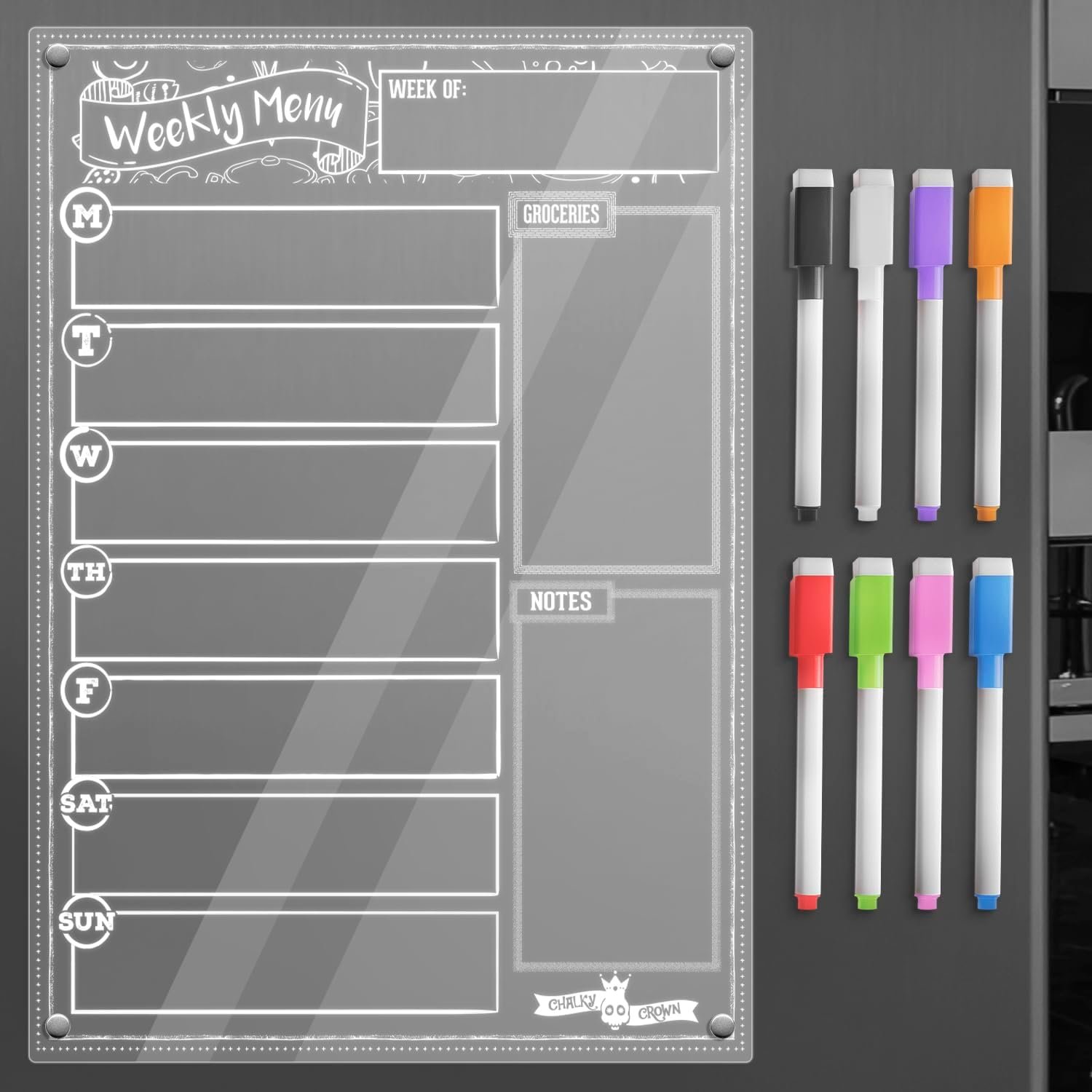 CHALKY CROWN Acrylic Magnetic Weekly Planner for Fridge – Menu Board for Kitchen with 8 Magnetic Markers – Weekly Meal Planner for Fridge with Grocery List & Notepad – Menu Planner (14.5×10.2)