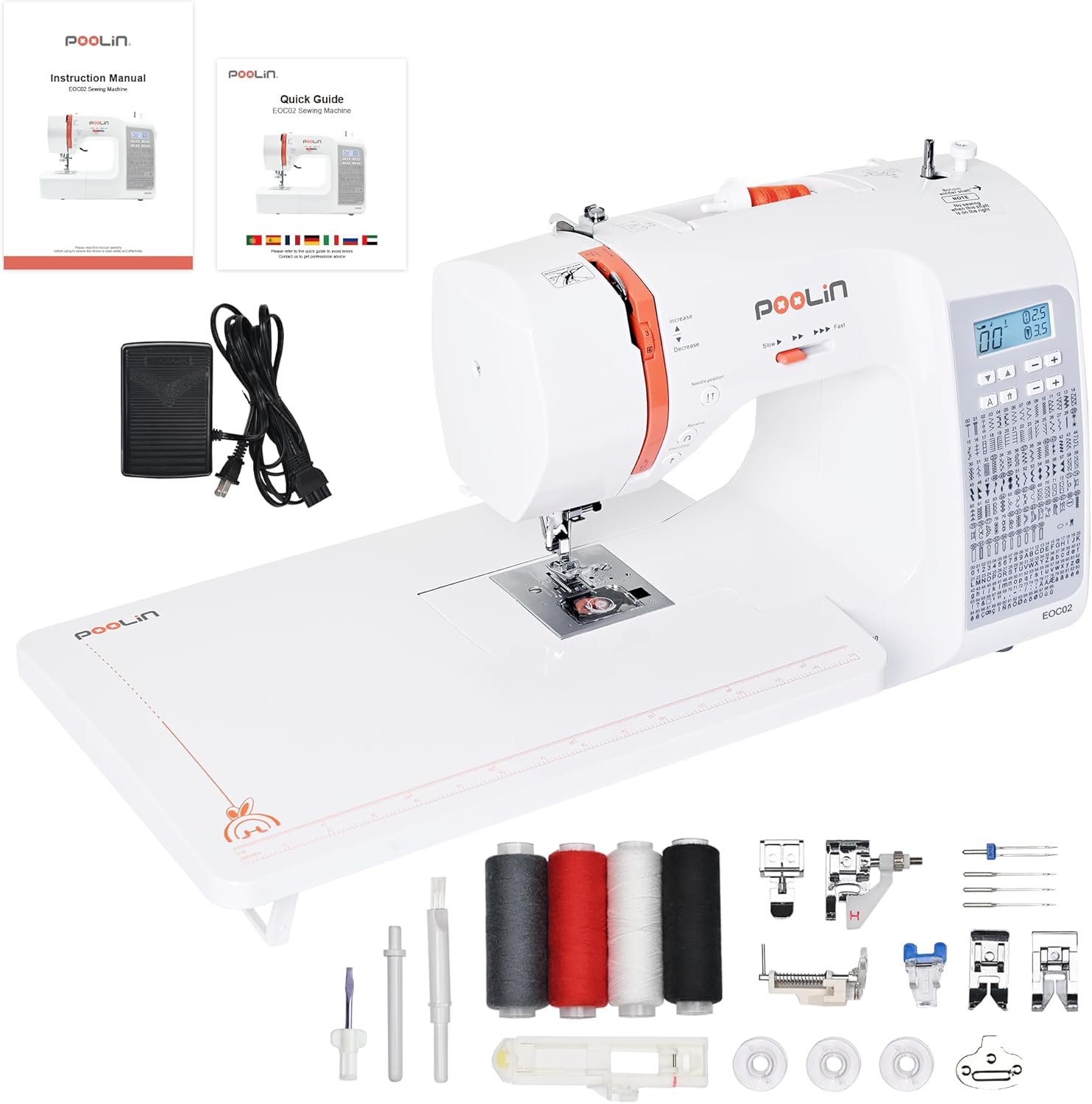 PooLin EOC02 Computerized Sewing Machine,Easy Home Sewing Machine with 200 Stitches,7 Feet,LCD Screen,Wide Table,Friendly Sewing Machines for Beginners,Gifts for Mother Wife,Automatic Needle Threader