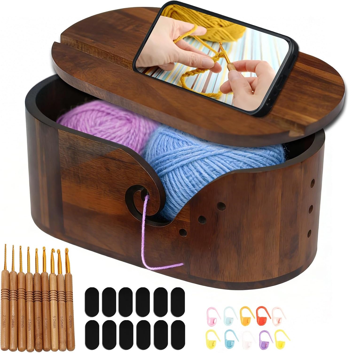 Wooden Yarn Bowl with Lid & Phone Slot, 11.4×5.9×4.7in Large Oval Acacia Wood Yarn Bowl Knitting for Crocheters, Crochet Yarn Holder Bowl (Oval – Acacia wood)