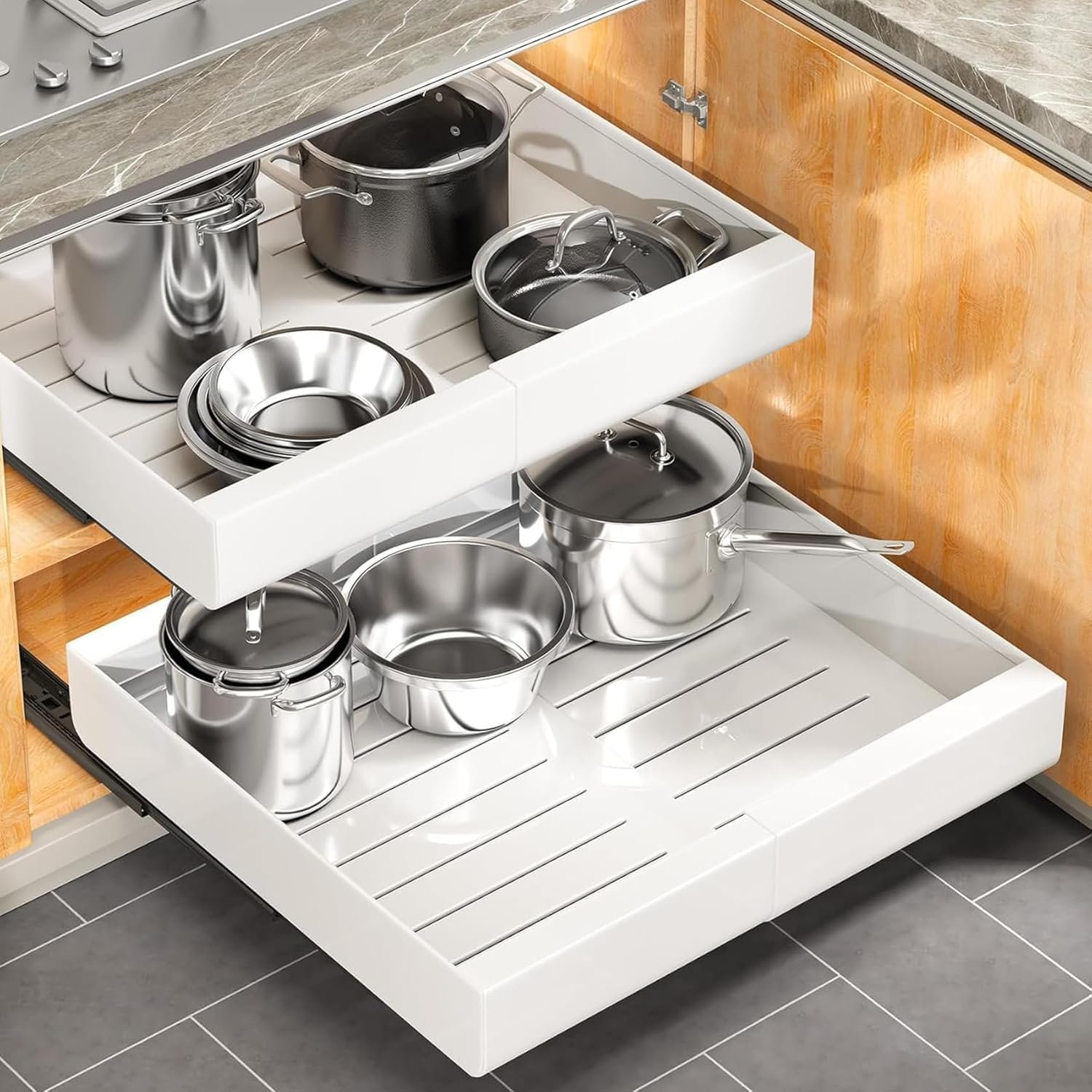 Pull out Cabinet Organizer, 2-pack, Expandable(12″-20″) Heavy Duty Slide out Drawers Fixed with Adhesive Nano Film for Pots, Roll out Shelf Storage for Kitchen Base Cabinet Organization(3 Rails)