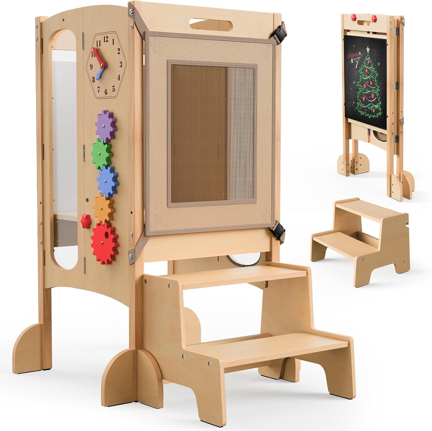 JUZBOT Toddler Tower- Foldable Wooden Kitchen Stool Helper with Safety Net, Anti-Tip Base, Detachable Step, Chalkboard & Whiteboard, 150lb Capacity, Montessori Gift for Kids 18M-5Y