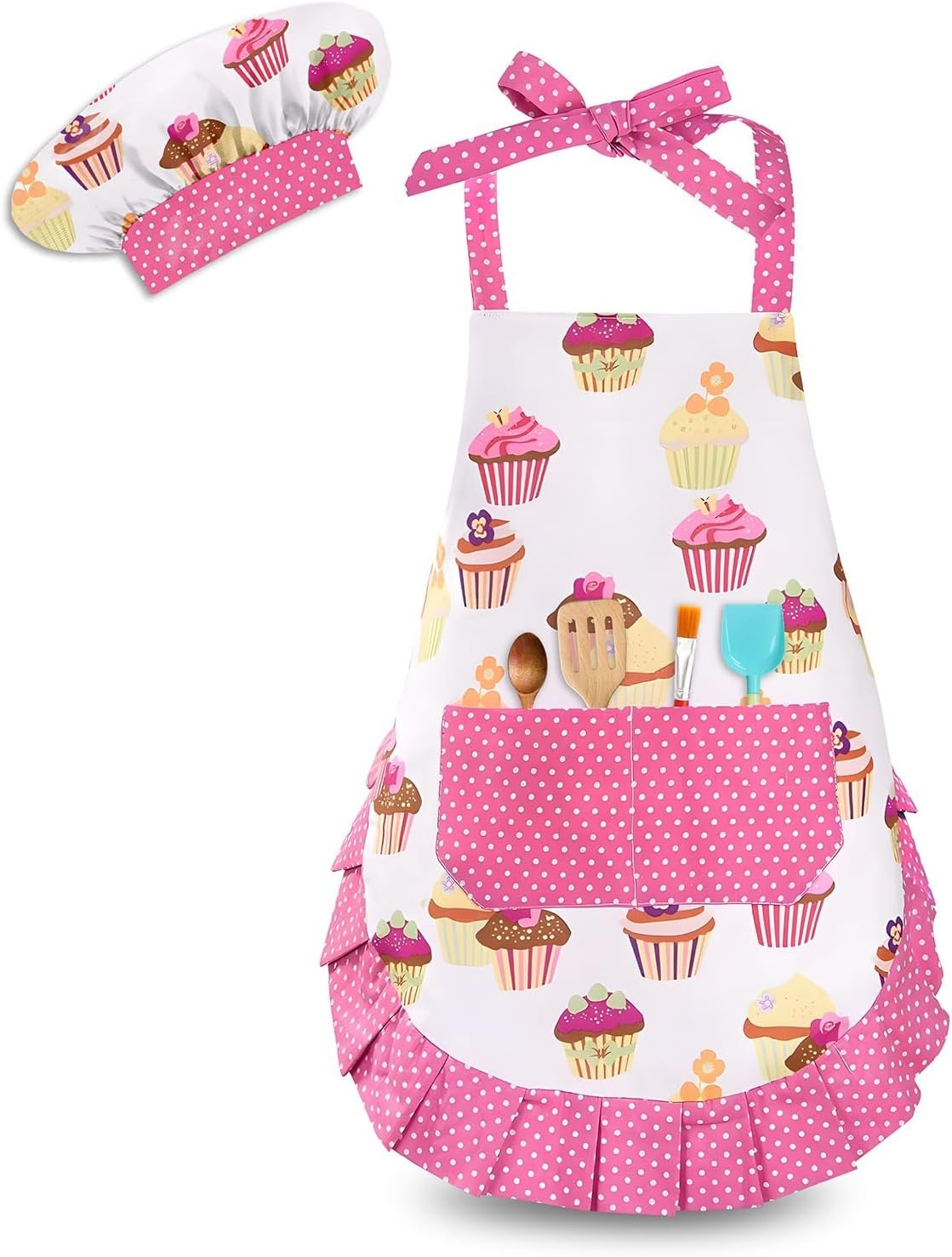 HKKDKTA Kids Aprons for Cooking,Kids Chef Hat and Apron with Large Pocket for Baking Cupcake kids Apron for 6-12 Years