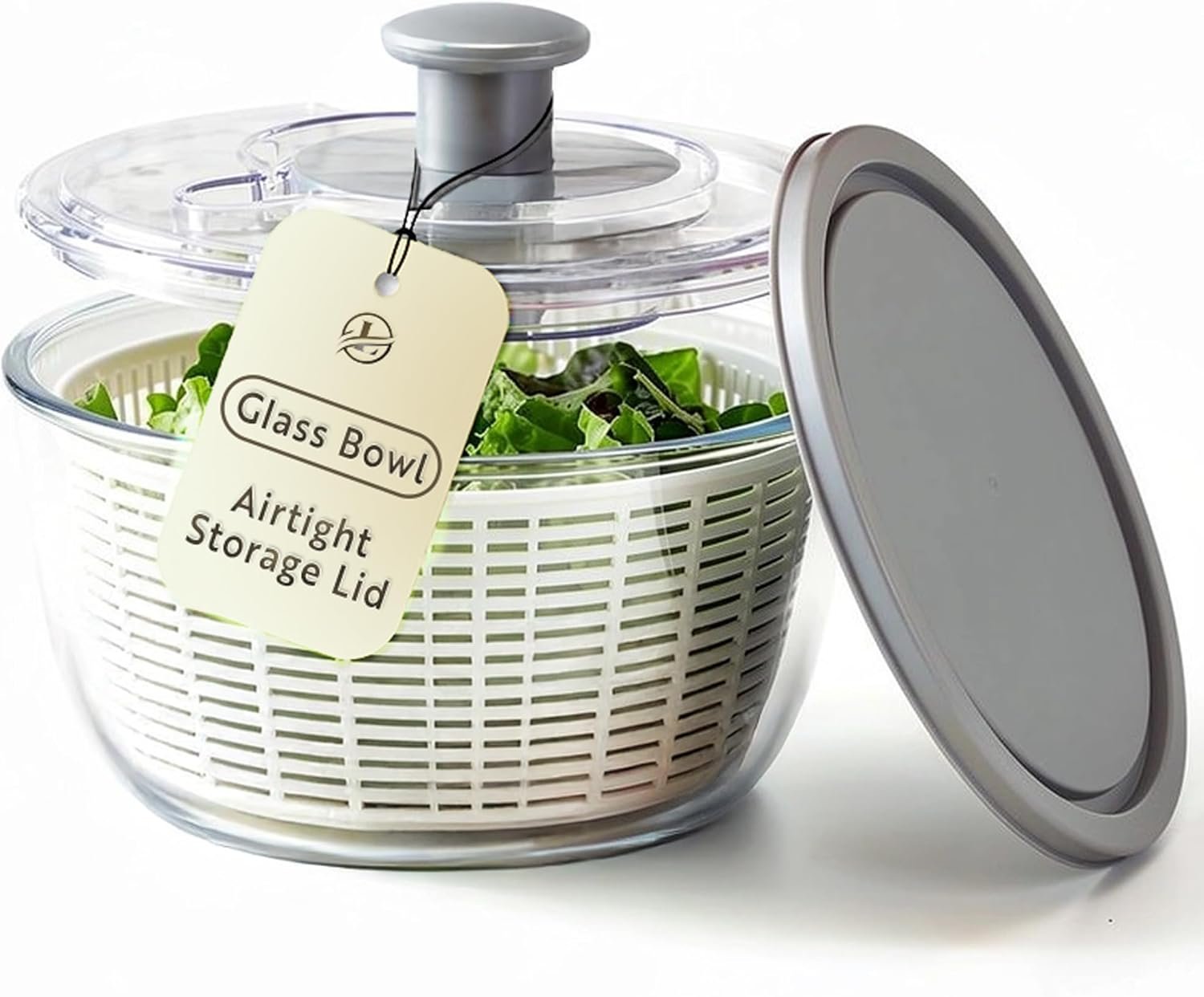 Le’raze Glass Salad Spinner with Airtight Lid – BPA-Free – Easy Pump Lettuce Spinner Washer | Fruit Washing Bowl with Strainer | Vegetable Cleaner | Large Capacity Borosilicate Glass, 6.22 Quart
