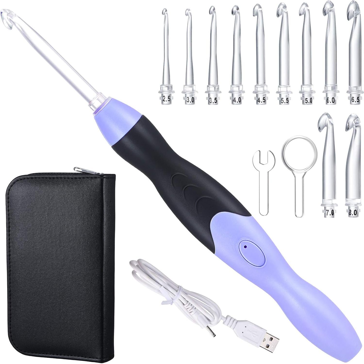 Chuangdi 11 Sizes Lighted Crochet Hooks Set, Rechargeable Light up Hooks with Case, Ergonomic Soft Grip, Interchangeable Heads Kit 2.5mm to 8mm for DIY Beginners Gifts Craft Supplies(Purple-Black)