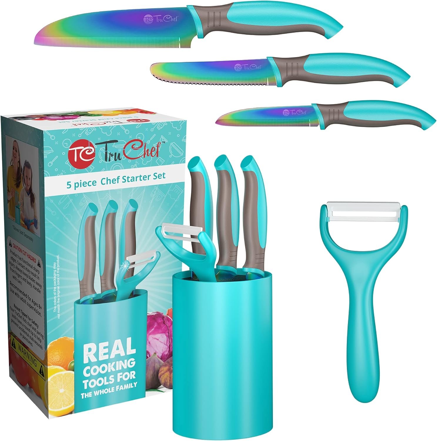 TruChef 5-Piece Kids Cooking Chef Knife Set | Real Stainless Steel Knives with Peeler, Serrated Knife & Holder | Kids Safe Rounded Tips, Easy-Grip Handles | Kitchen Knife Set (5 pcs, Aqua)