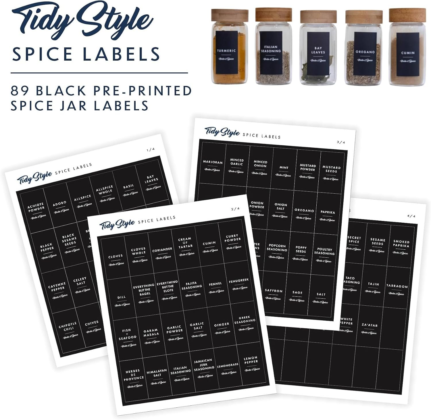Spice Jar Labels – 89 Preprinted Waterproof Stickers, Minimalist Kitchen Seasoning Labels for Pantry Organization (White, Black, Navy)