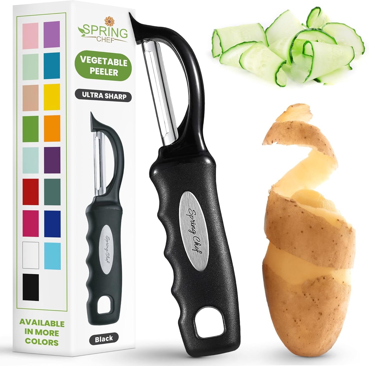 Spring Chef Premium Swivel Vegetable Peeler, Soft Grip Handle and Ultra Sharp Stainless Steel Blades – Perfect Kitchen Peeler For Veggie, Fruit, Potato, Carrot, Apple – Black