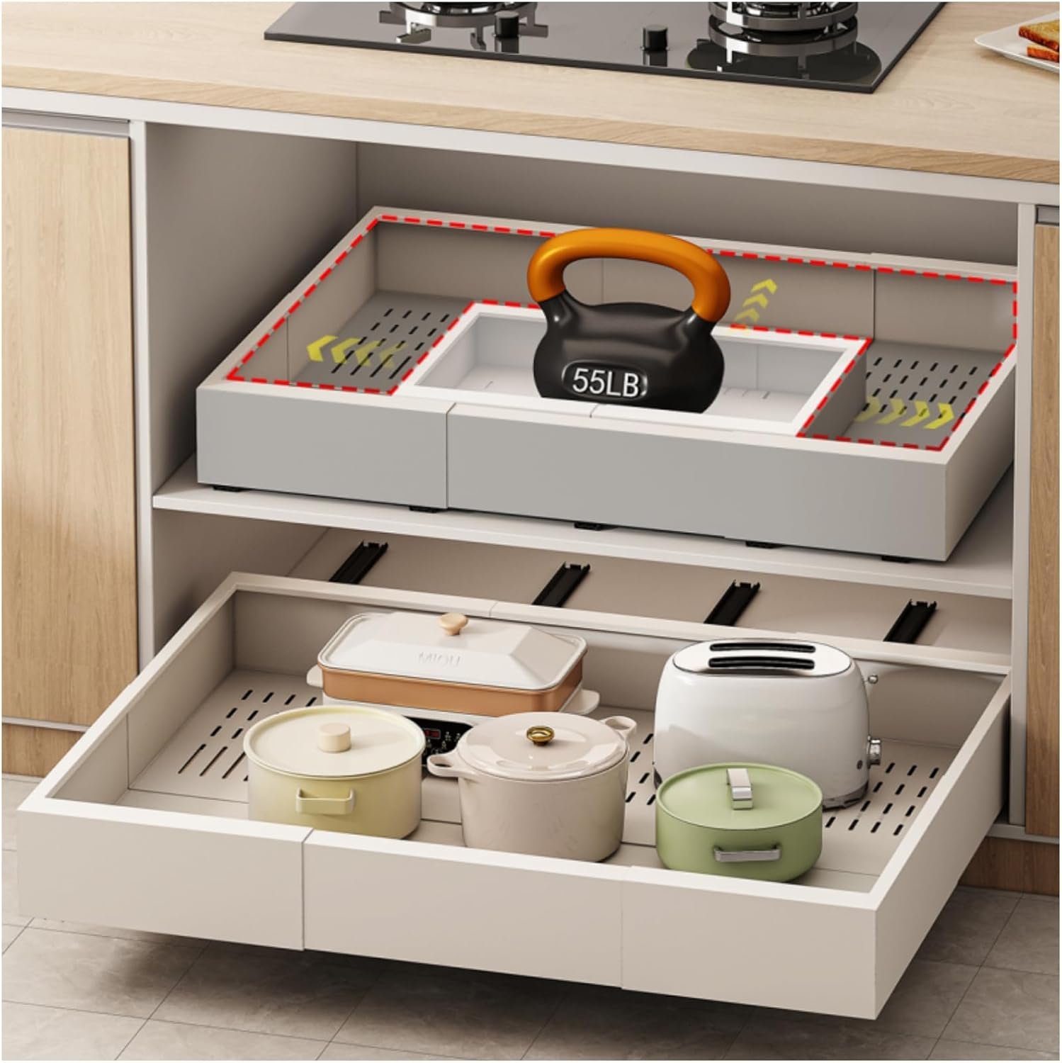 Pull out Cabinet Organizer,Width (23″-31″) and Depth (17″-24″) Expandable With 5 Rails,No Drill Adjustable Slide out Drawers for Kitchen,Pantry,Adhesive Roll out Shelves,for Cabinets Without Lip,White