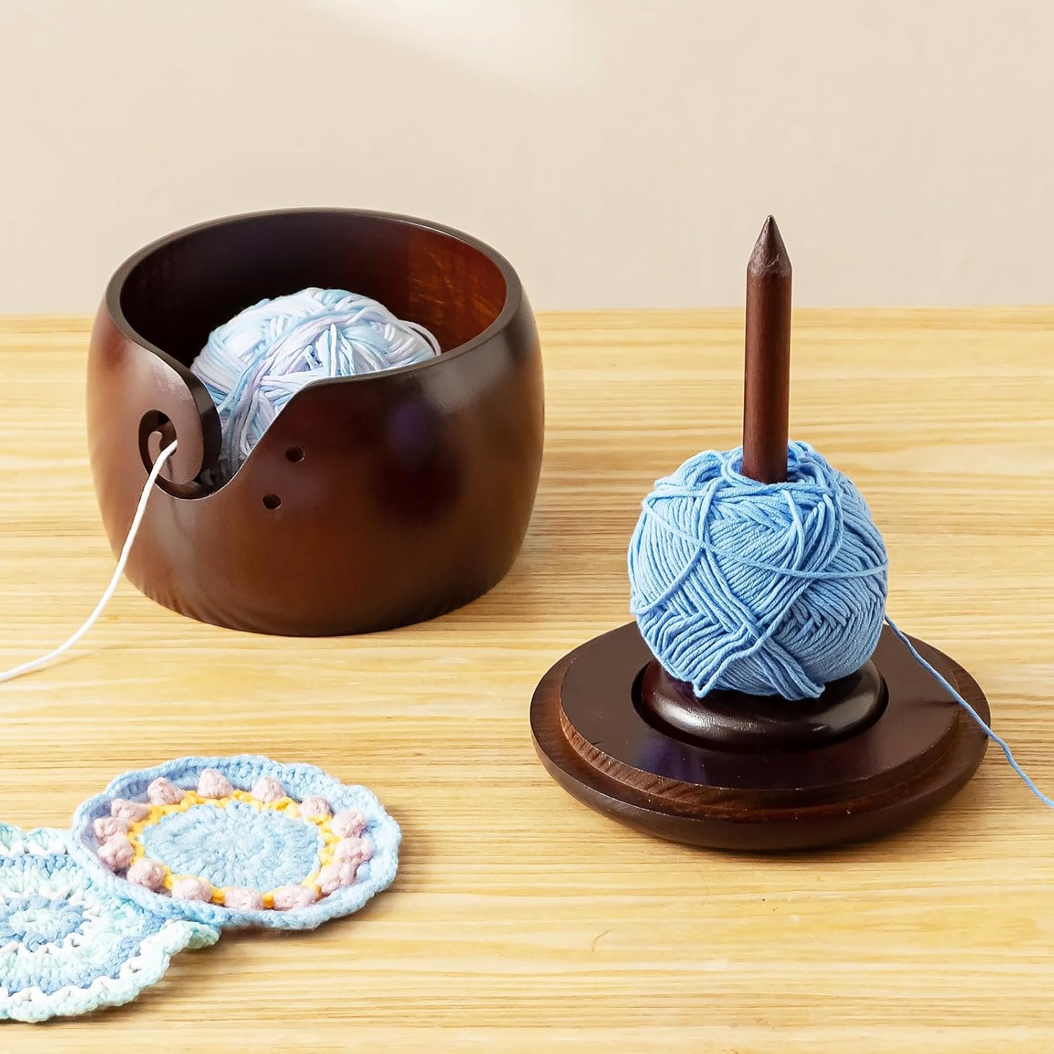 Baffect Wooden Yarn Bowl With Removable Yarn Holder, Large Crochet Bowl With Lid And Handmade Holes, 2 In 1 Knitting Bowls For Wool Spinnering And Storage(6.3″ X 6.3″ X 4.7in)