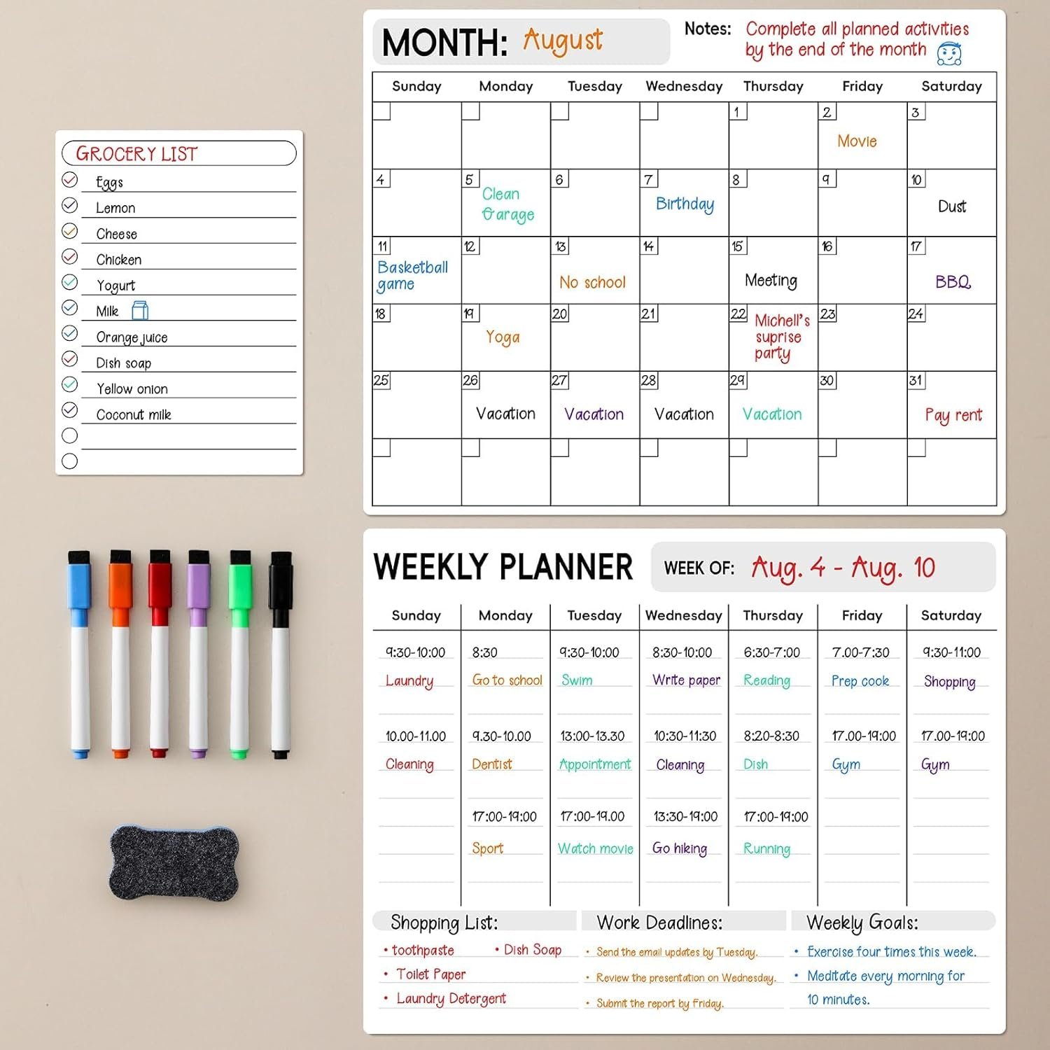 LANDNEOO Magnetic Dry Erase Calendar for Refrigerator, 3 Pack-Monthly, Weekly, Daily Magnet Fridge Whiteboard Planner for Chore Chart, Menu, To Do List, 14″X11″, w/ 6 Markers, Style 2