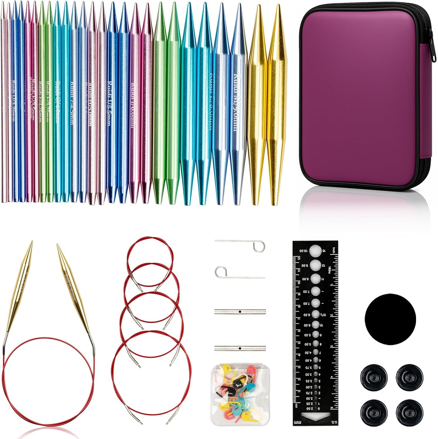 Ruidi Interchangeable Aluminum Circular Knitting Needles Set – 13 Pairs of 4 Inch (10cm) Needles with 4 Cables, Needle Holders & Leather Bag – Perfect for Smooth Knitting & Versatile Projects