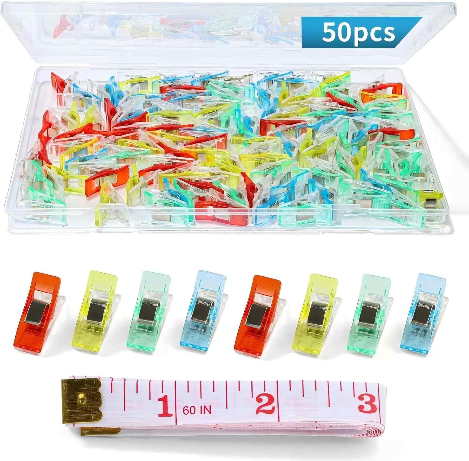 50 Pcs Sewing Clips for Fabric and Quilting,Premium Quilting Clips Assorted Colors,Sewing Clips with Tape Measure,Seeing Clips for Binding,Wonder Clips for Sewing Supplies Accessories Crafting Tools