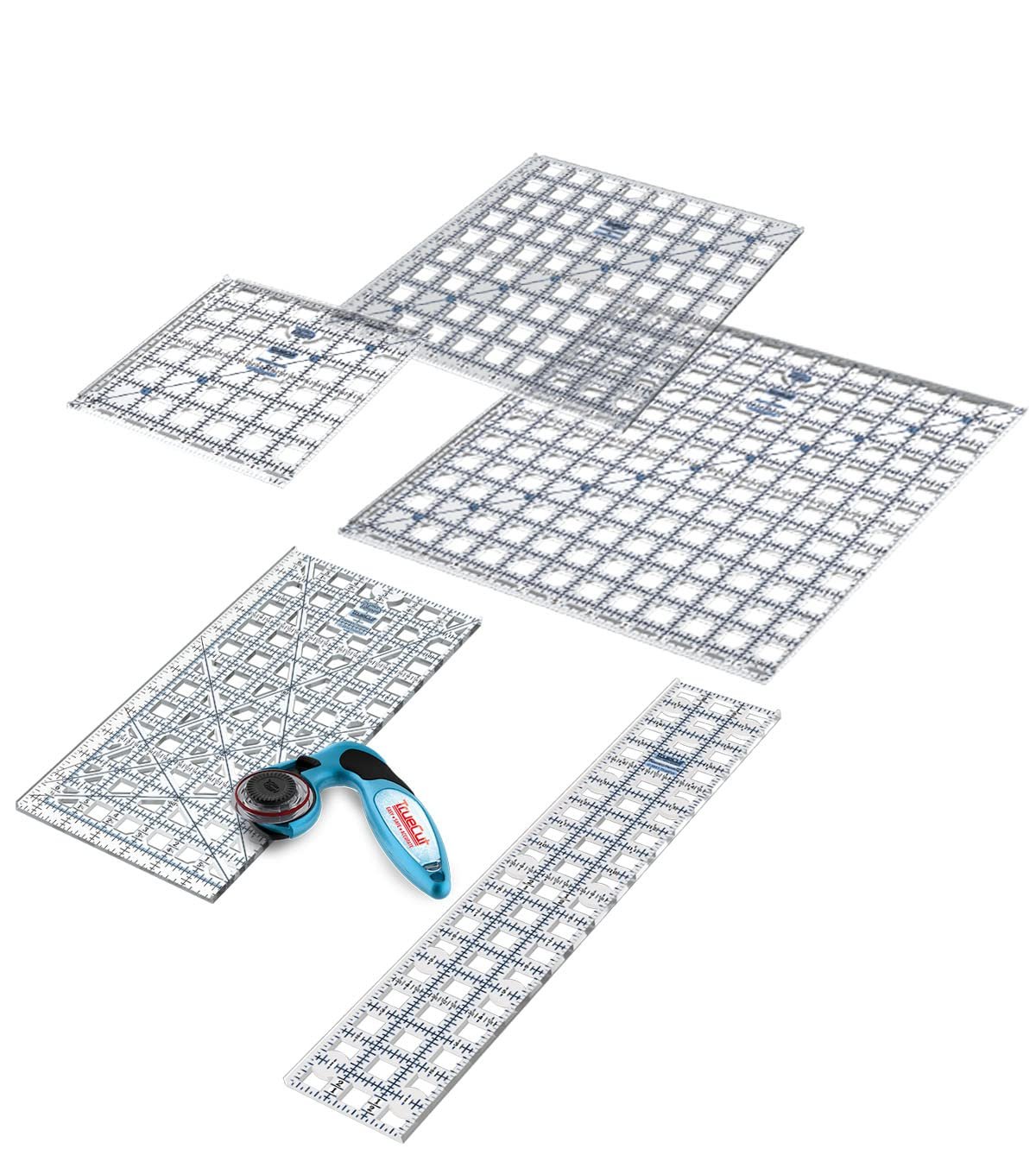 TrueCut Quilting Ruler & Rotary Cutter Bundle | 5 Quilting Rulers | 45mm My Comfort Rotary Cutter | 6.5″x12.5″, 3″x18″, 6.5″x6.5″, 9.5″x9.5″, 12.5″x12.5″ Rulers