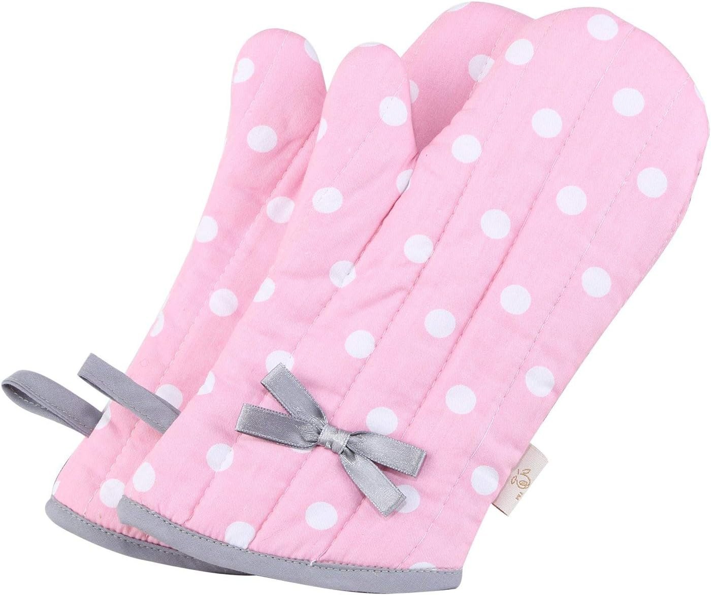 NEOVIVA Kitchen Oven Mitts for Kids, Heat Resistant Cotton Oven Gloves Set of 2 for Cooking Baking, Kitchen Gloves for Farmhouse Restaurant, Polka Dots Pink