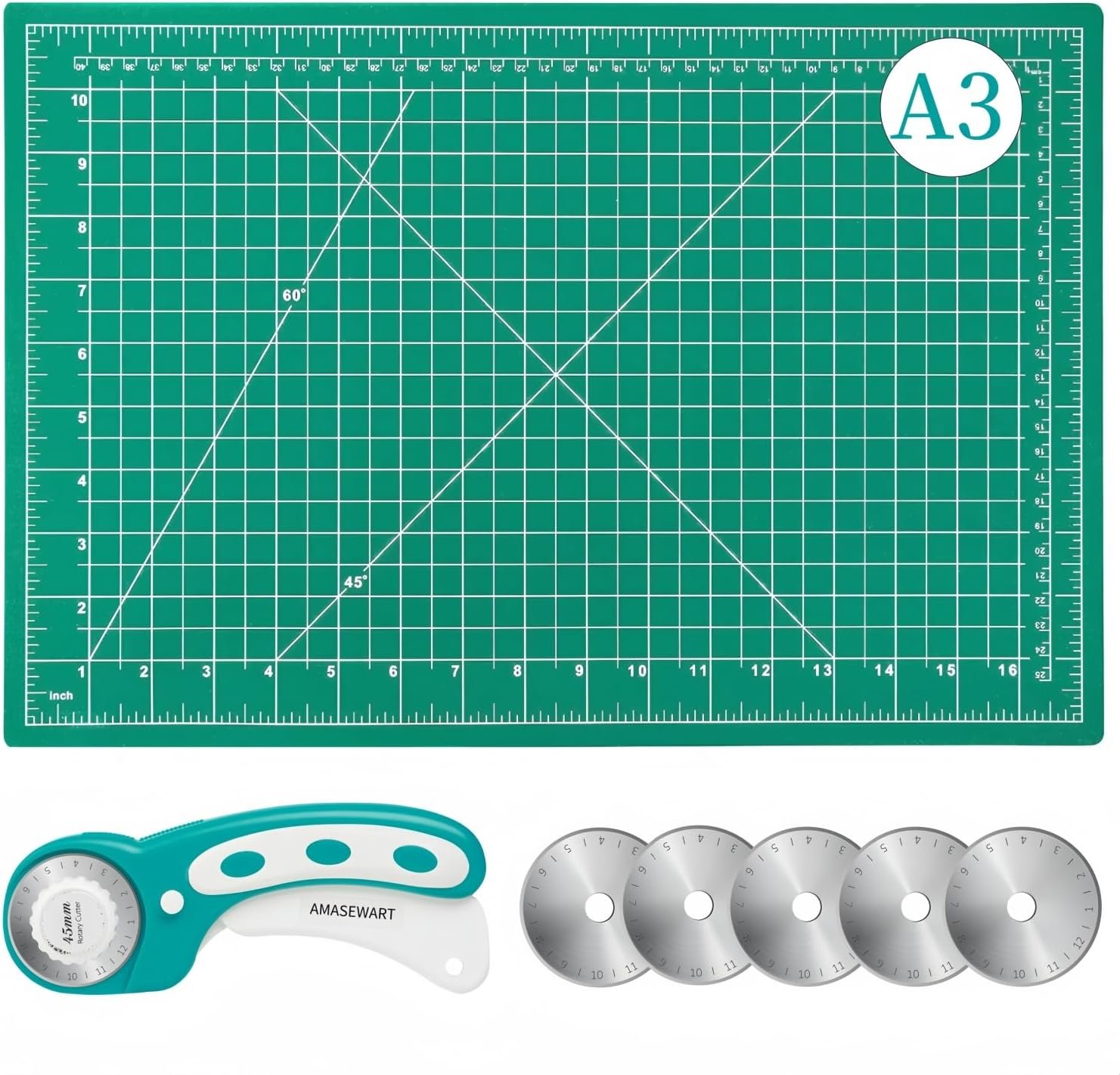 45mm Rotary Cutter and Mat Set, Fabric Cutter Wheel and 12×18 Inch Self Healing Sewing Cutting Mat, Fabric Rotary Cutter with 5pcs Rotary Blades for Quilting Patchworking Crafts, Turquoise