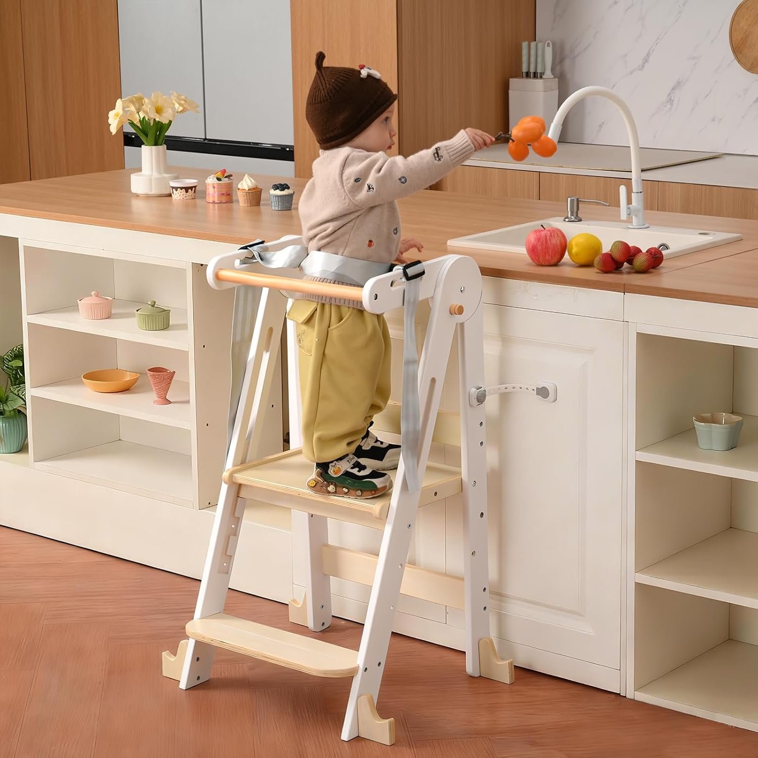 Kids Kitchen Step Stool, Foldable Toddler Tower, Height Adjustable Toddler Standing Tower with Safty Rail and Anti-Slip Device, Wooden Stool for 1.5-6 Years(White Wood)