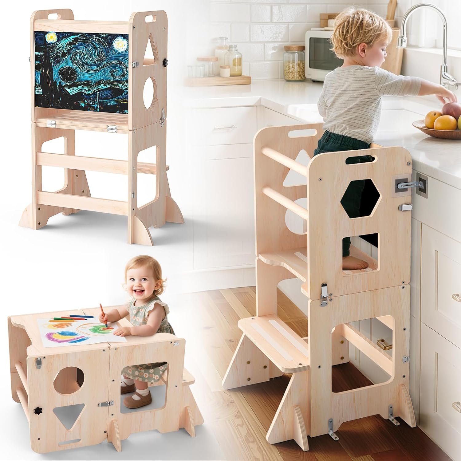 Toddler Standing Tower with Anti-Fall Buckle, 4-in-1 Anti-Slip Toddler Kitchen Step Stool with Blackboard, Foldable Wooden Kitchen Stool Helper for Kids, 1-3 Year Old Boy Girl Gifts