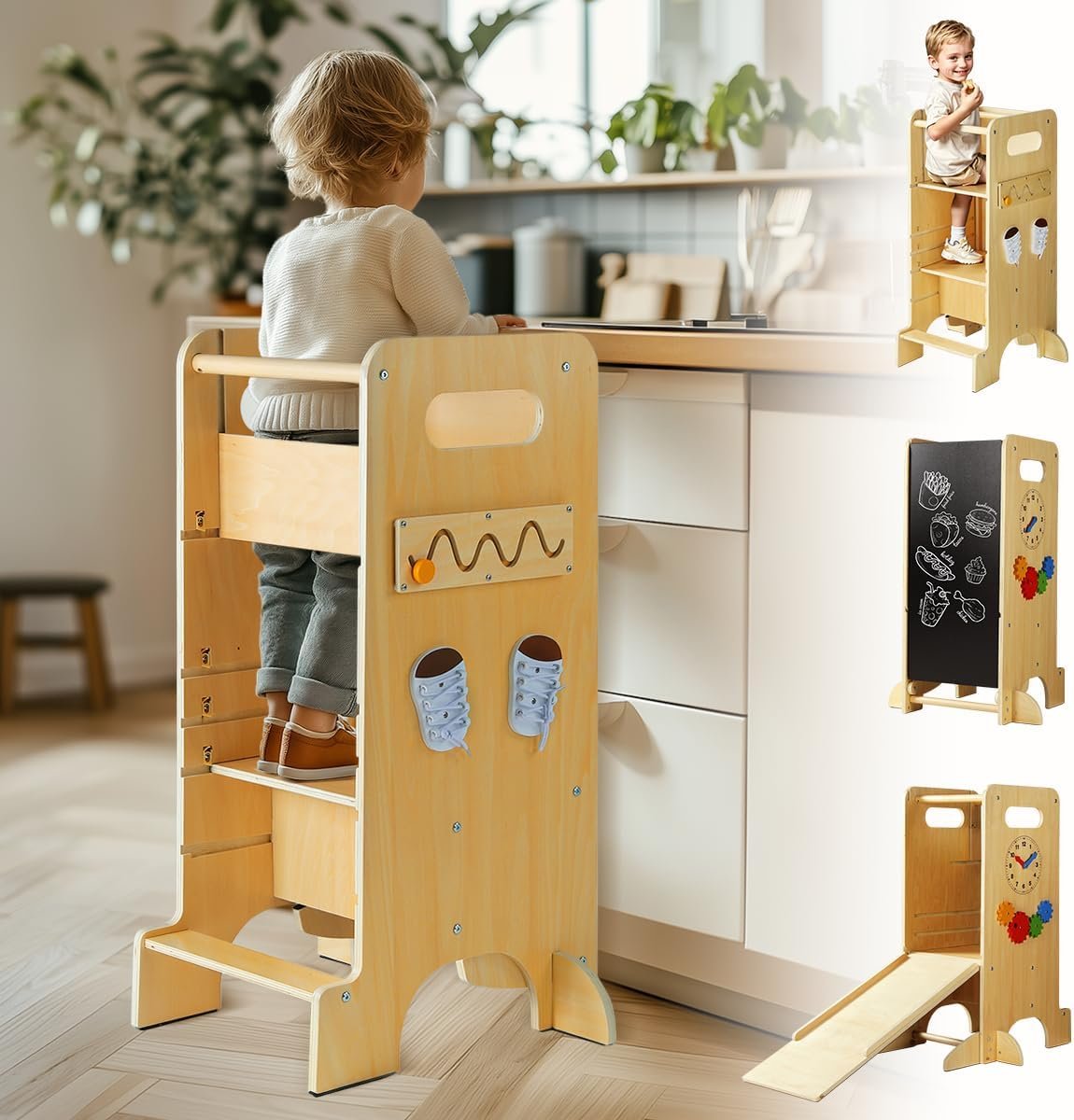JUZBOT Toddler Tower 4 in 1 Toddler Kitchen Stool Helper Standing Tower for Kitchen Counter with Safety Board, 3 Adjustable Heights, Slide, Chalkboard, Montessori Activities